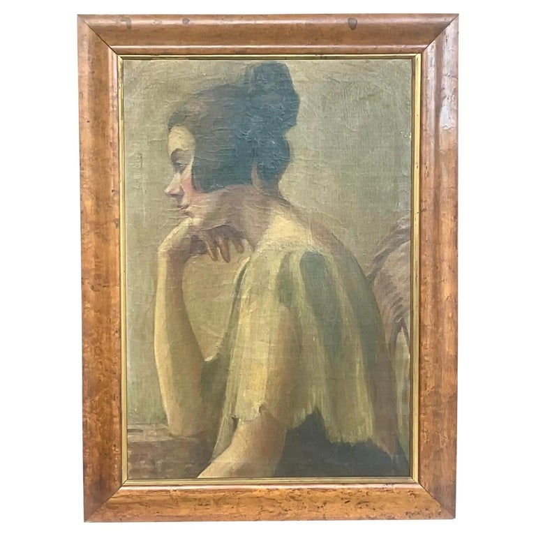 Vintage Boho Unsigned Original Oil Painting of Woman For Sale at 1stDibs
