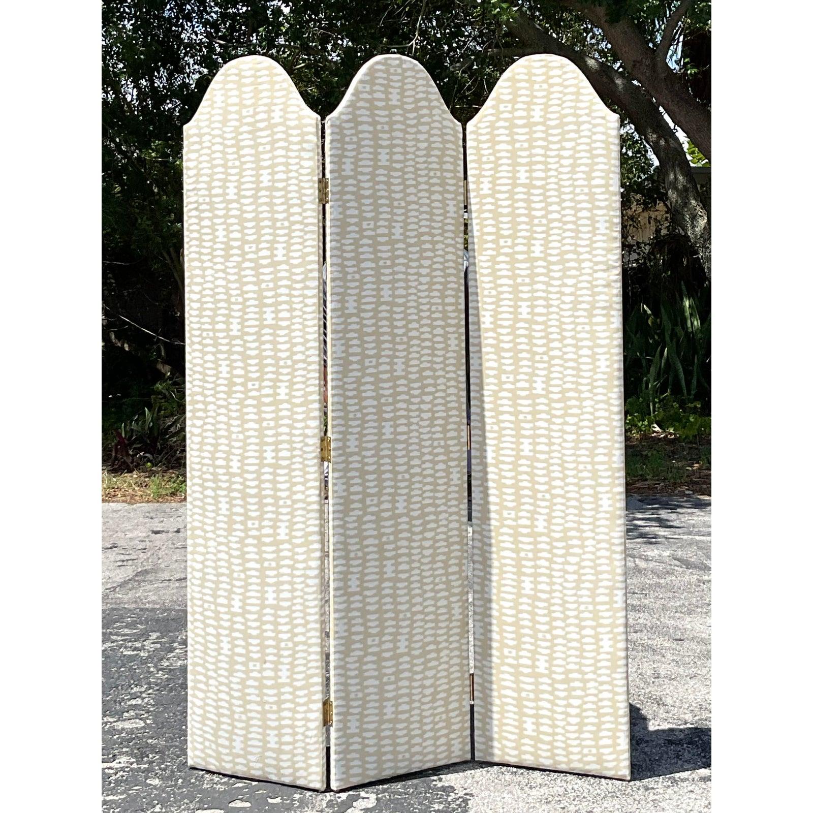 Américain Vintage Boho Upholstered Folding Screen en vente