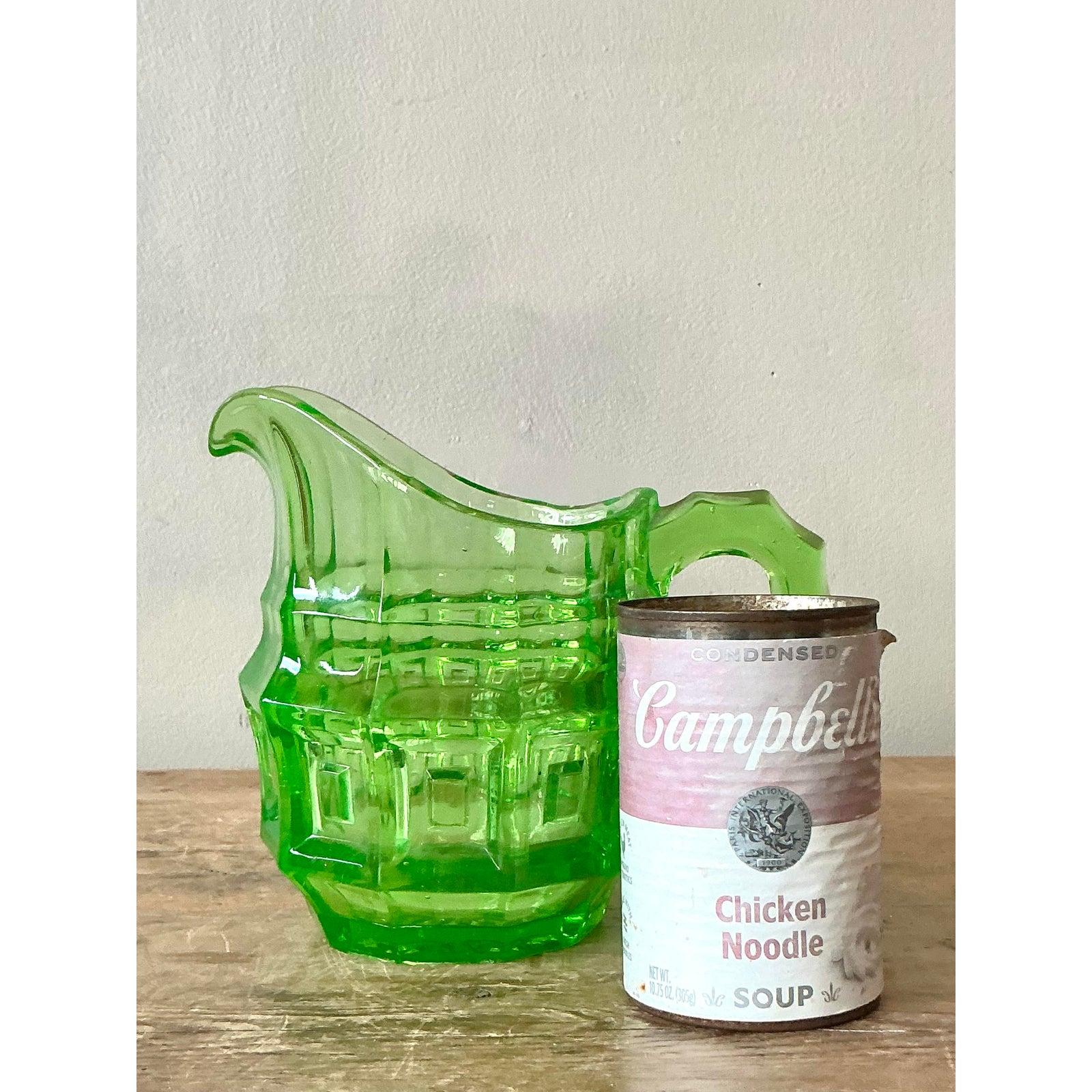 Hollywood Regency Vintage Boho Vaseline Glass Pitcher For Sale