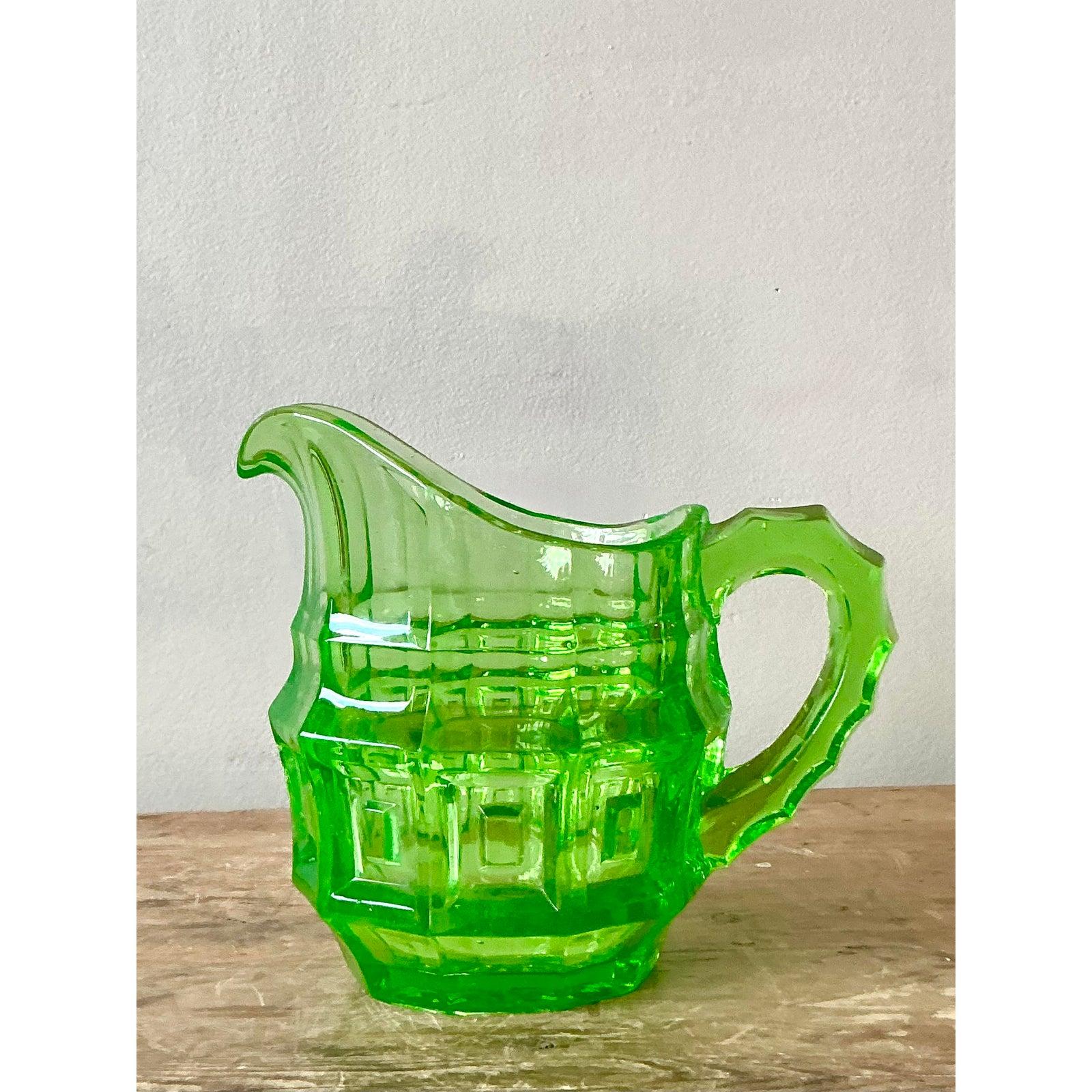 American Vintage Boho Vaseline Glass Pitcher For Sale