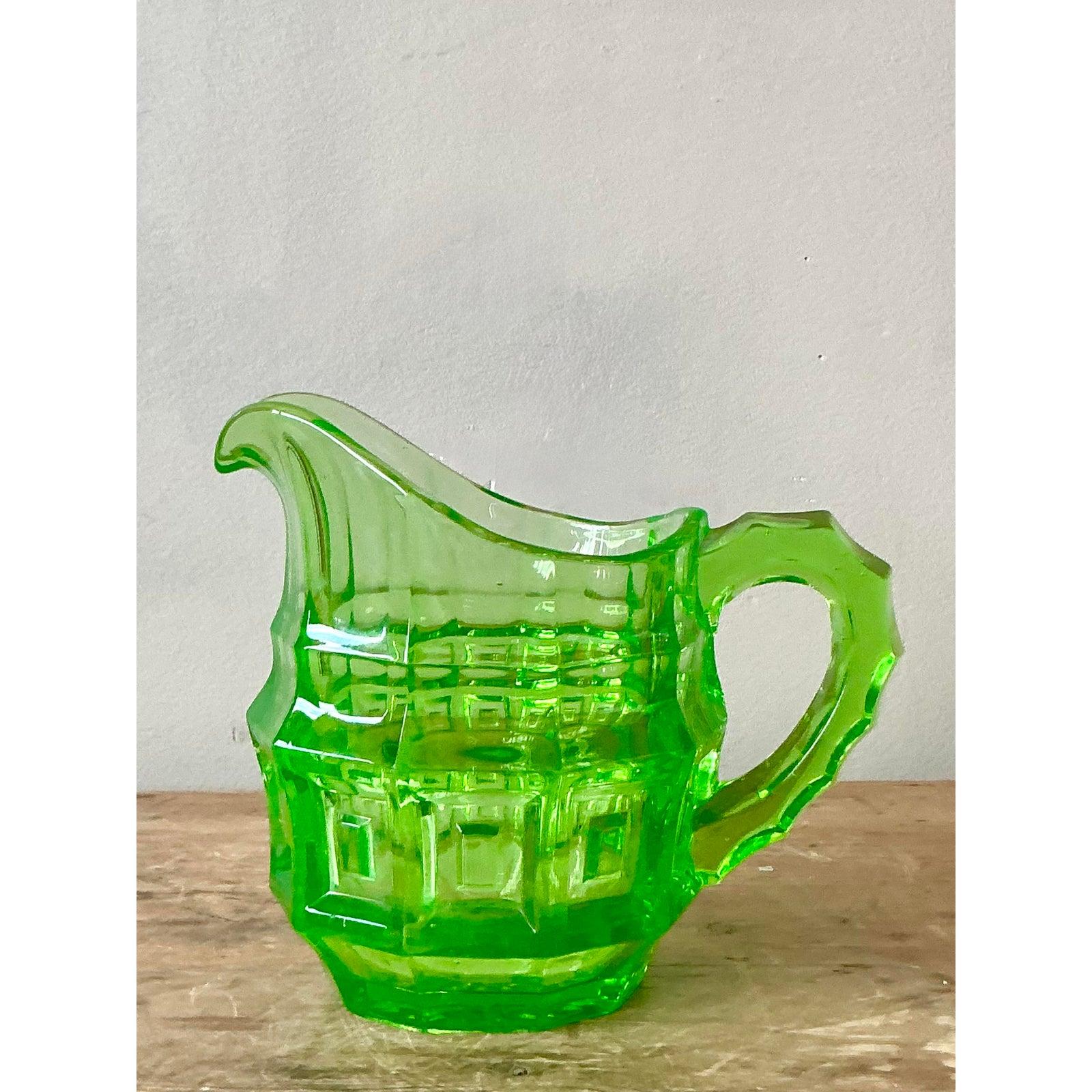 Vintage Boho Vaseline Glass Pitcher In Good Condition For Sale In West Palm Beach, FL