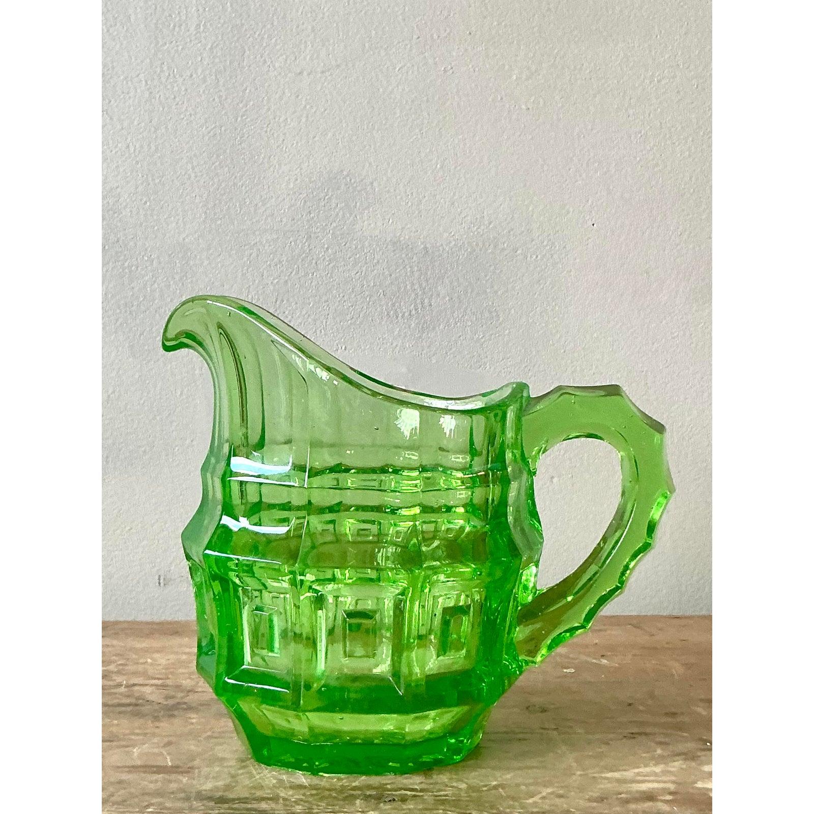 20th Century Vintage Boho Vaseline Glass Pitcher For Sale