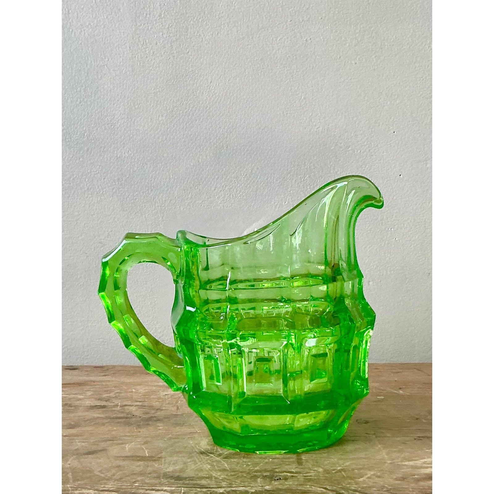 Vintage Boho Vaseline Glass Pitcher For Sale 1