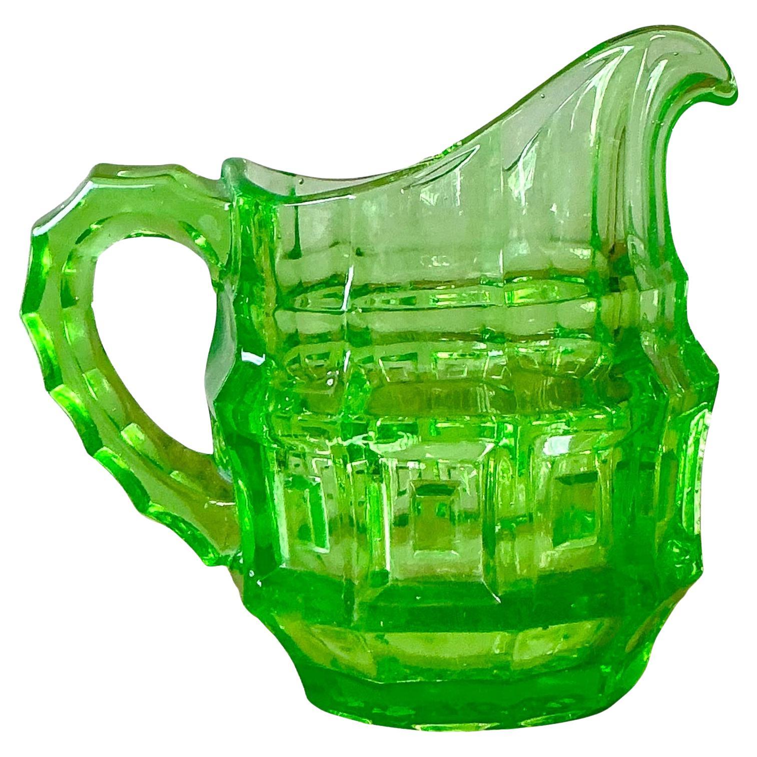Vintage Boho Vaseline Glass Pitcher For Sale