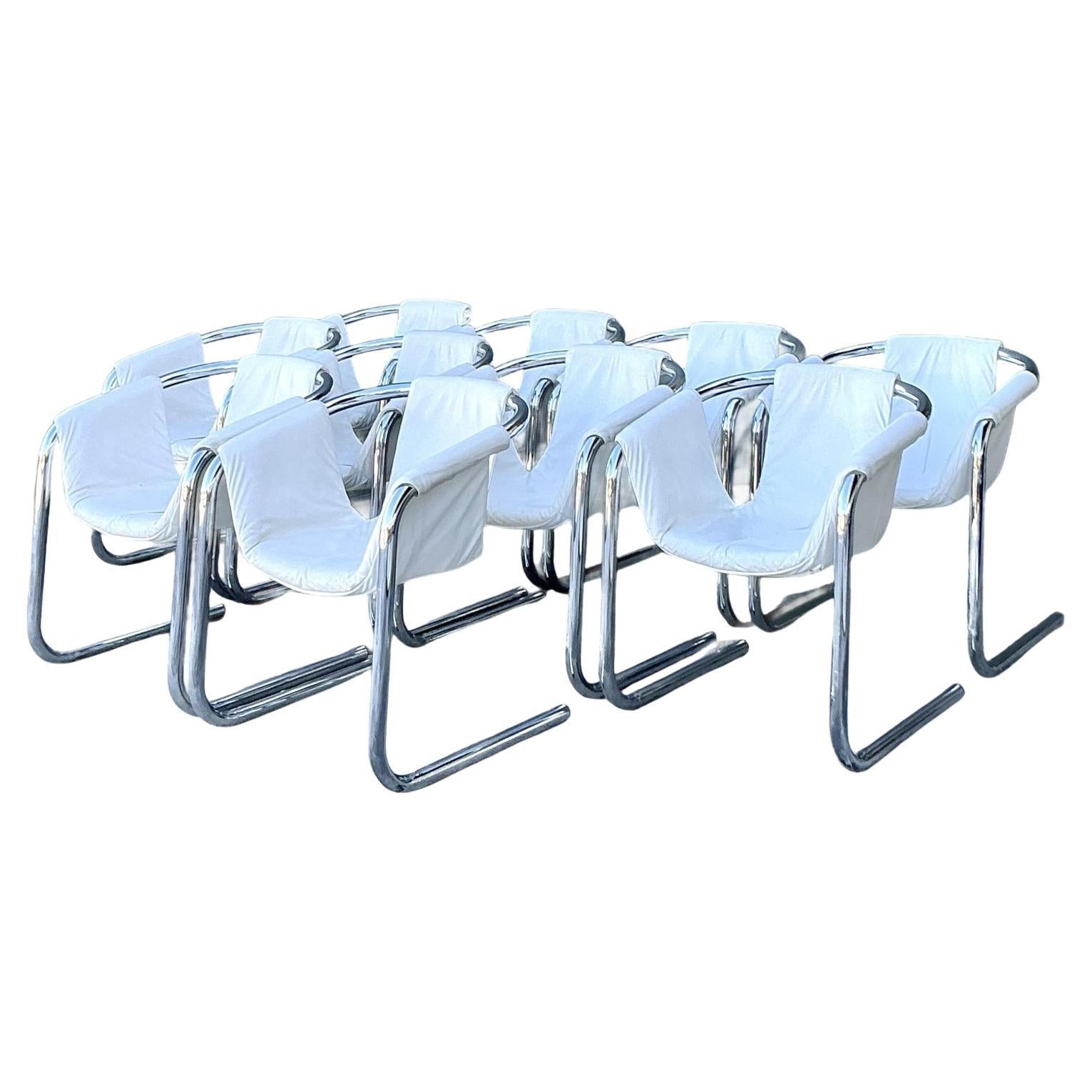 Vintage Boho Vecta “Zermatt” Leather Sling Dining Chairs - Set of 10 For Sale