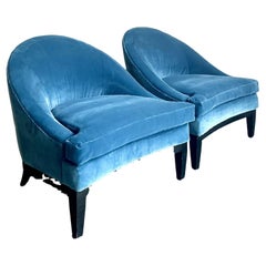 Vintage Boho Velvet Barrel Back Lounge Chairs - A Pair