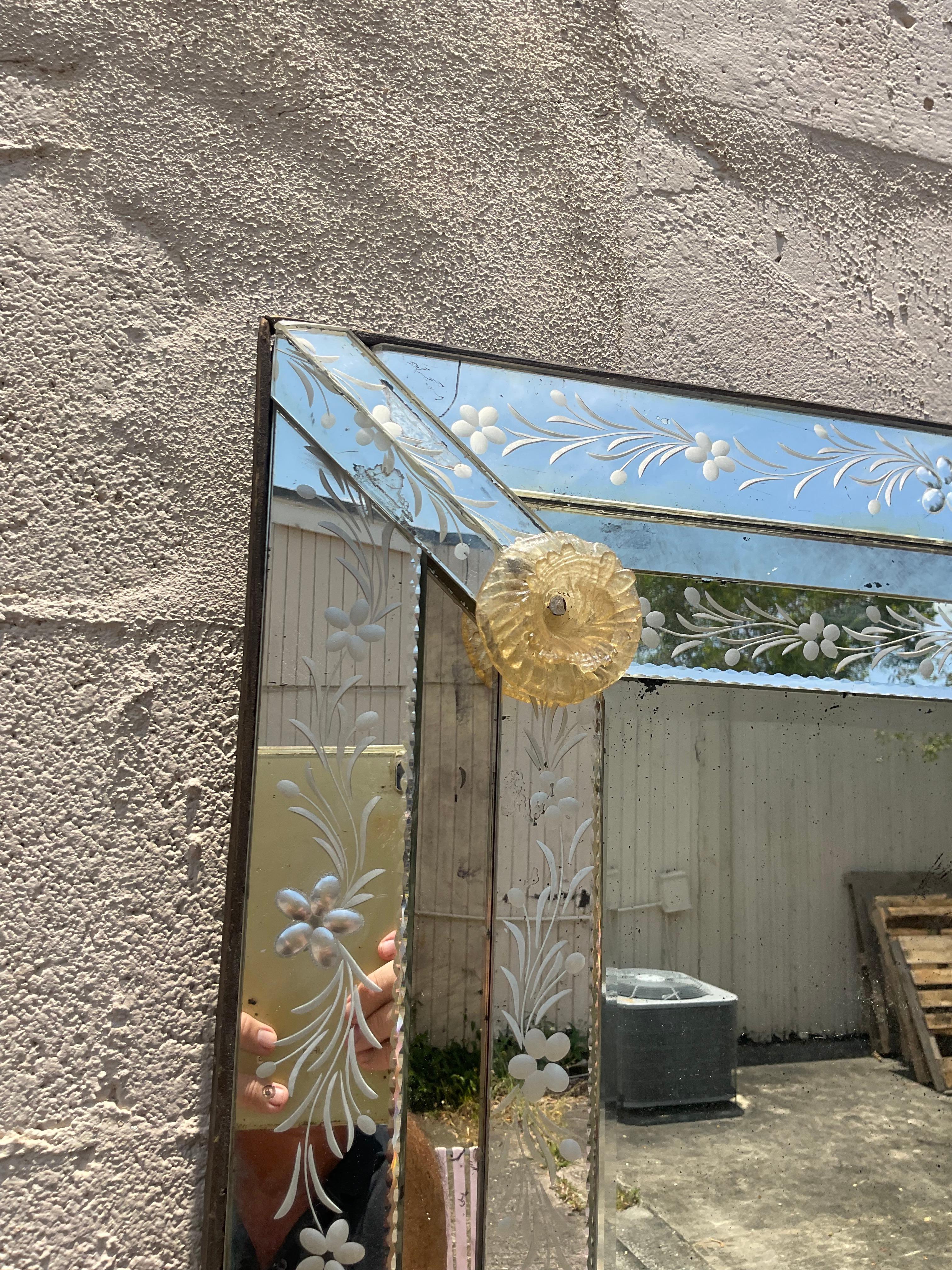 Vintage Boho Venetian Etched Glass Mirror In Good Condition In west palm beach, FL