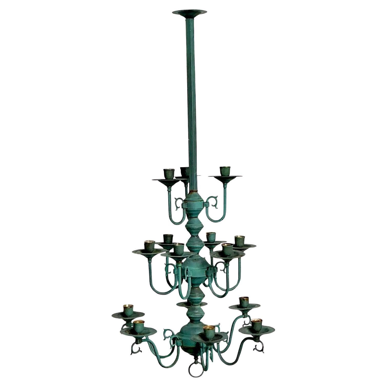 Vintage Boho Verdigris 15 Arm Chandelier For Sale