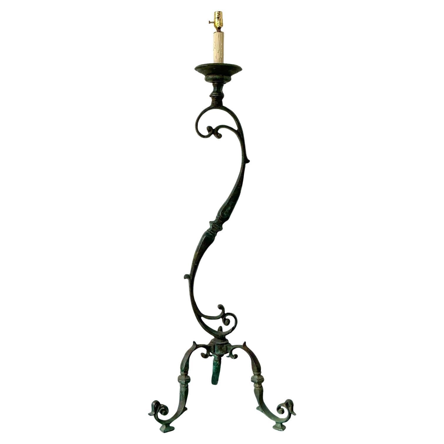 Vintage Boho Verdigris Bronze Scroll Floor Lamp For Sale