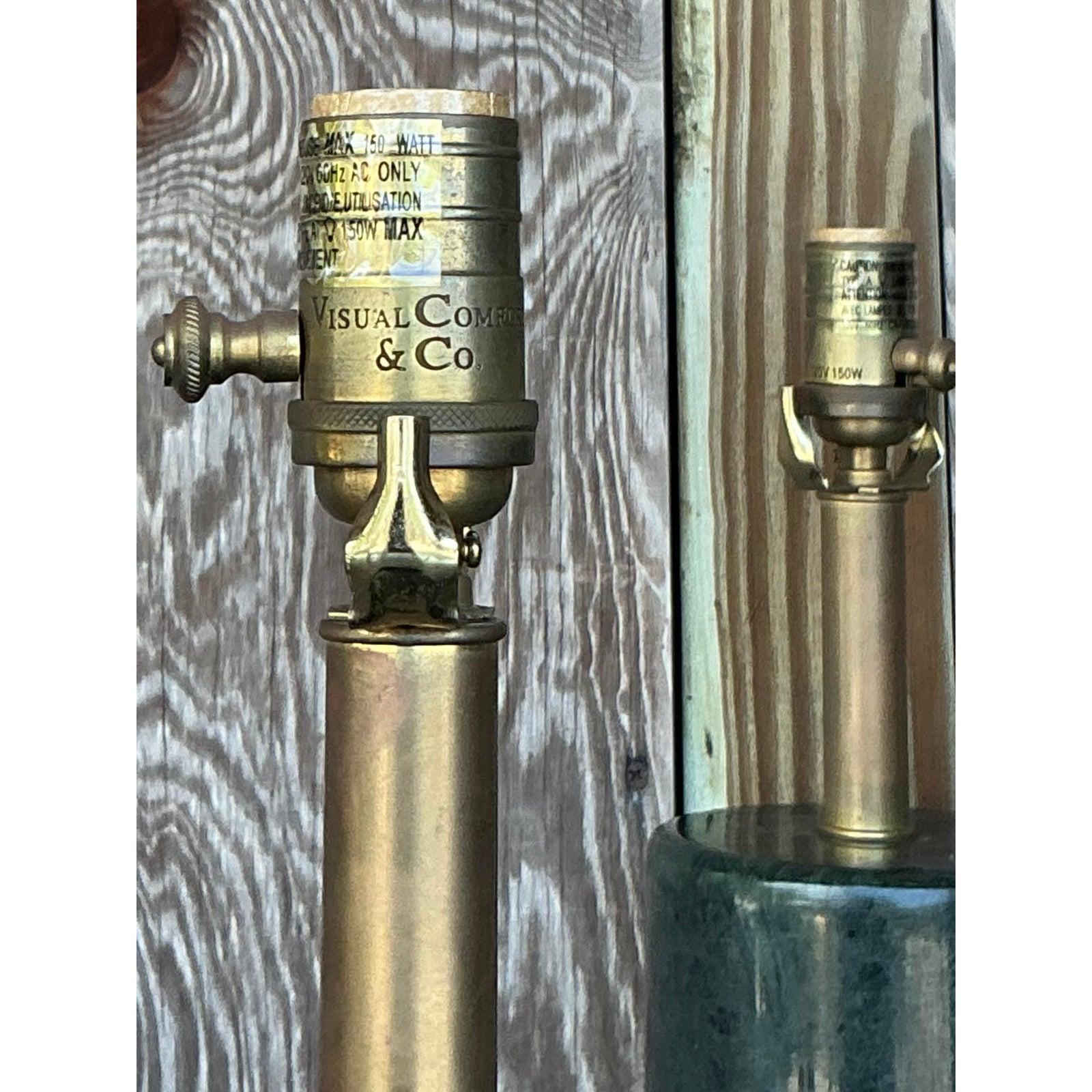 Art Déco Vintage Boho Visual Comfort “Cliff” Solid Green Marble Lamps - A Pair in vendita
