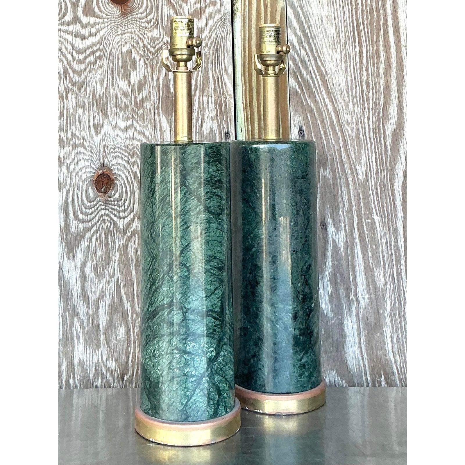 Americano Vintage Boho Visual Comfort “Cliff” Solid Green Marble Lamps - A Pair in vendita