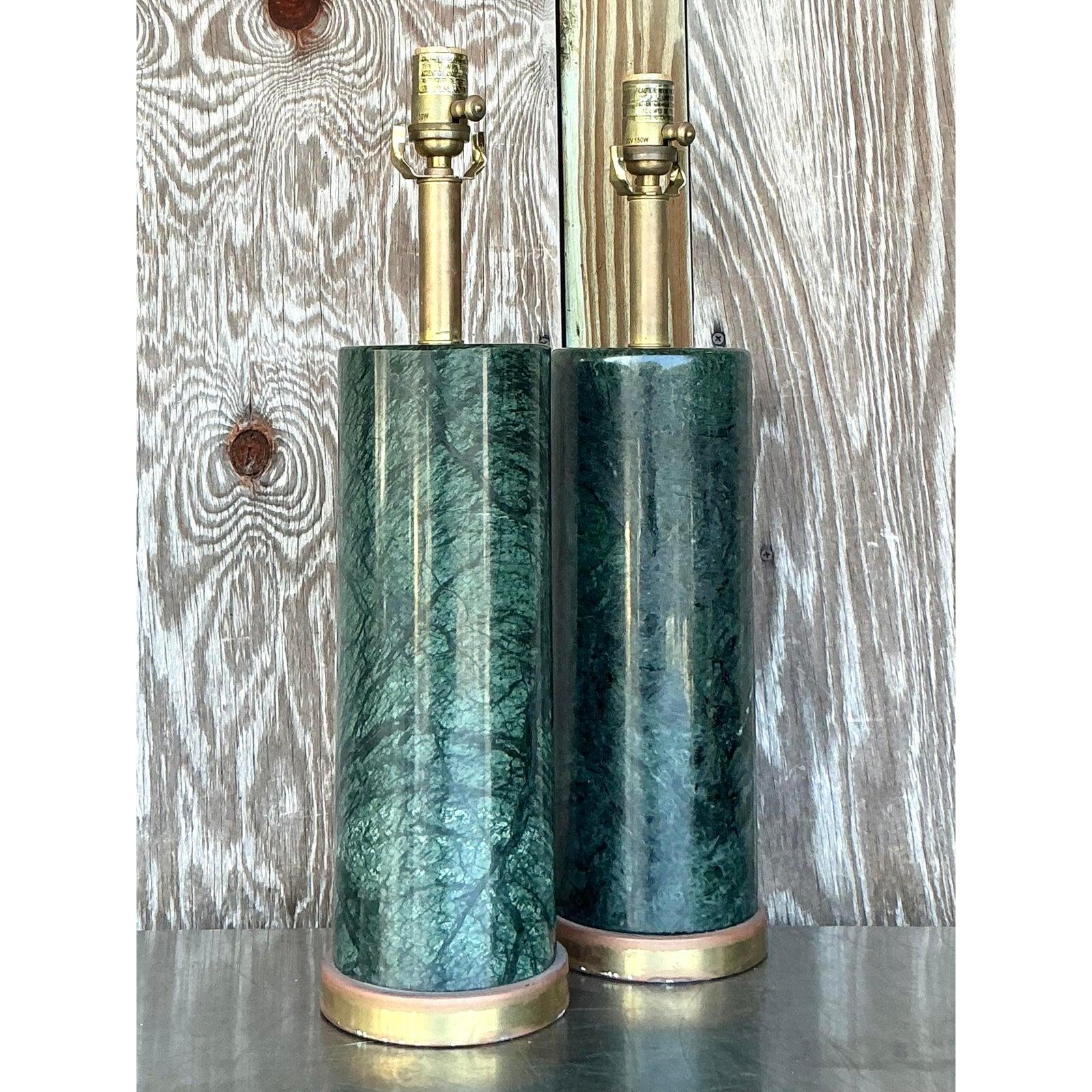 Vintage Boho Visual Comfort “Cliff” Solid Green Marble Lamps - A Pair In condizioni buone in vendita a west palm beach, FL
