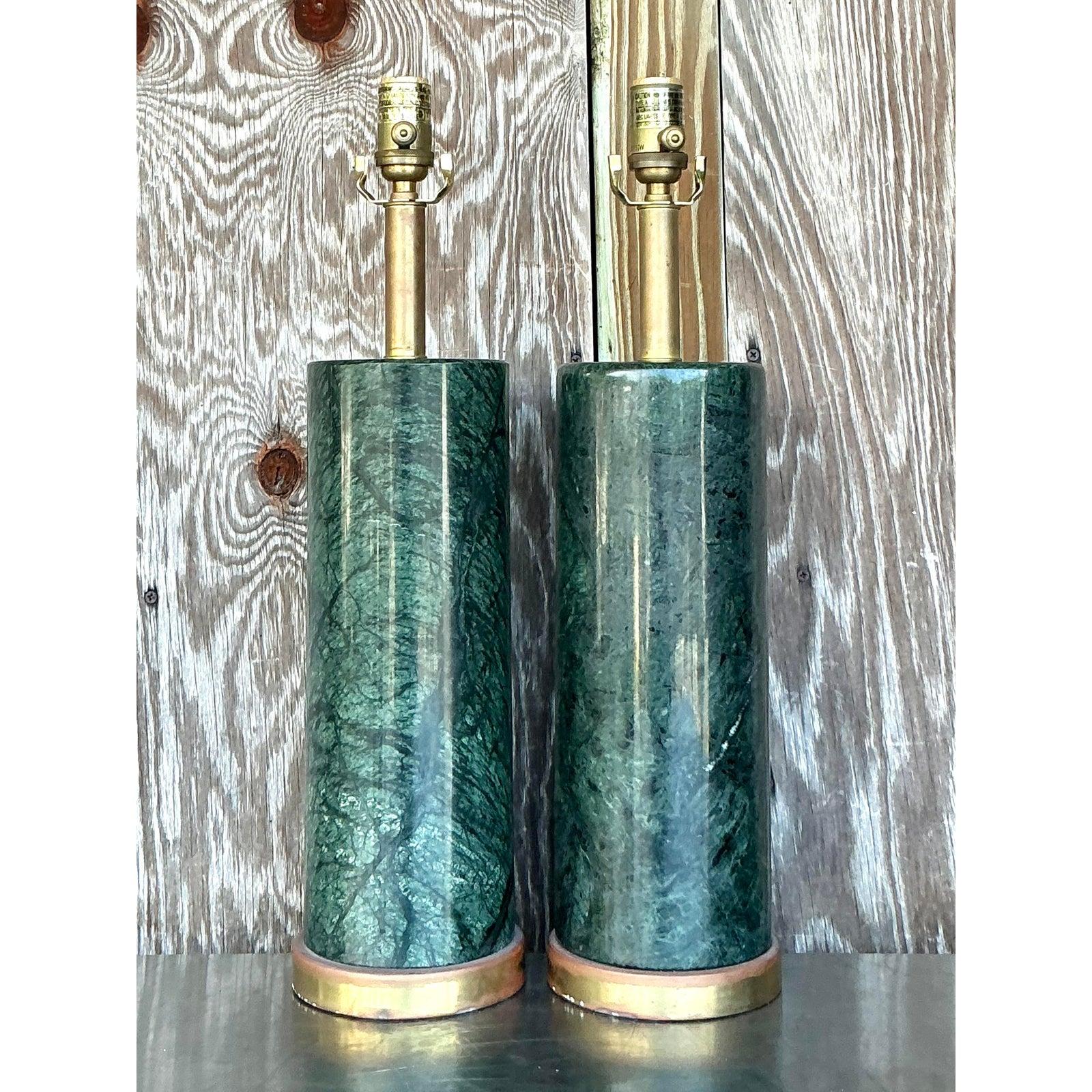 XXI secolo e contemporaneo Vintage Boho Visual Comfort “Cliff” Solid Green Marble Lamps - A Pair in vendita