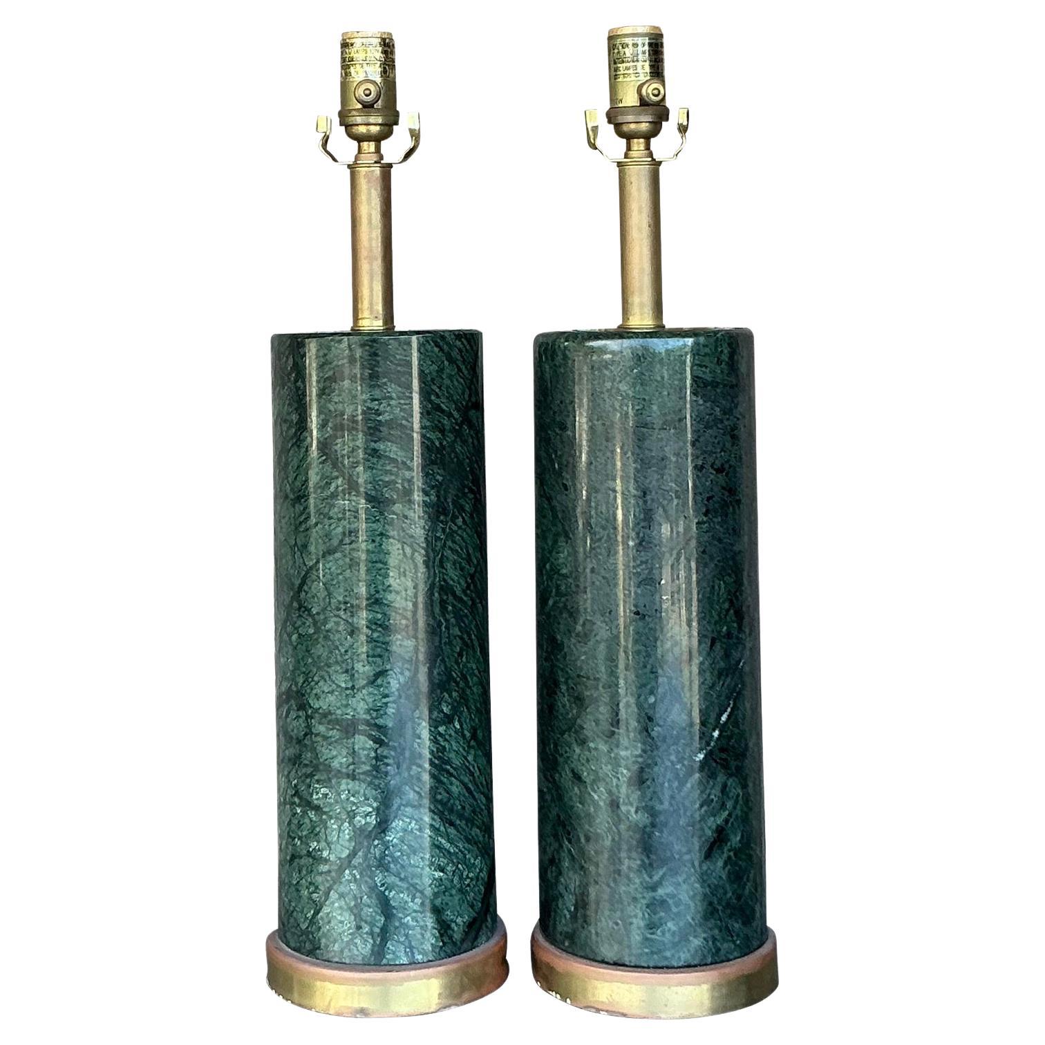 Vintage Boho Visual Comfort “Cliff” Solid Green Marble Lamps - A Pair