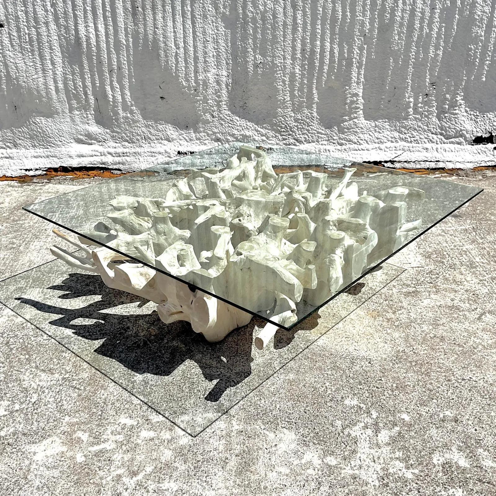 Vintage Boho Walker Zabriskie Teak Root Glass Coffee Table In Good Condition In West Palm Beach, FL