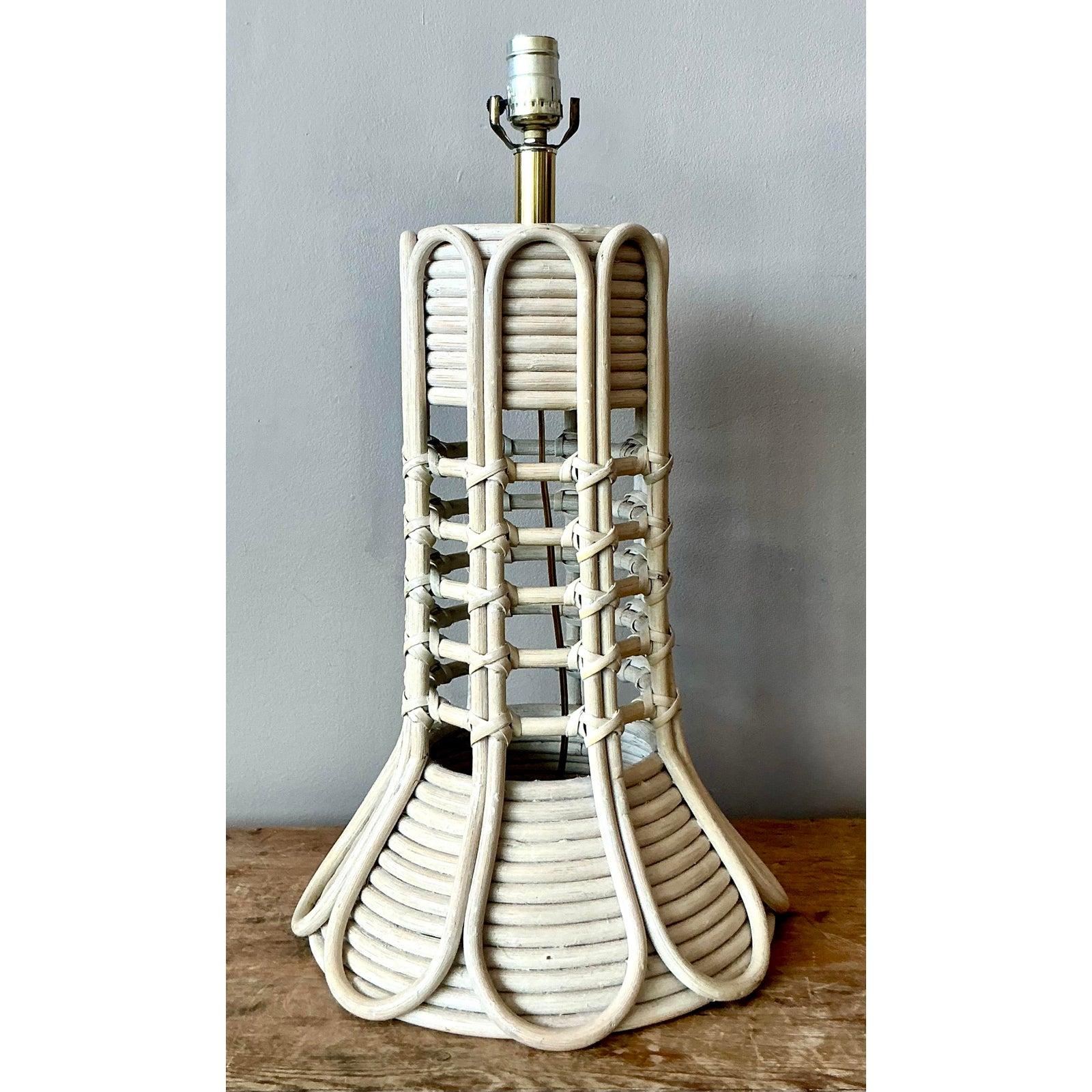Philippine Vintage Boho Washed Pencil Reed Lamp For Sale