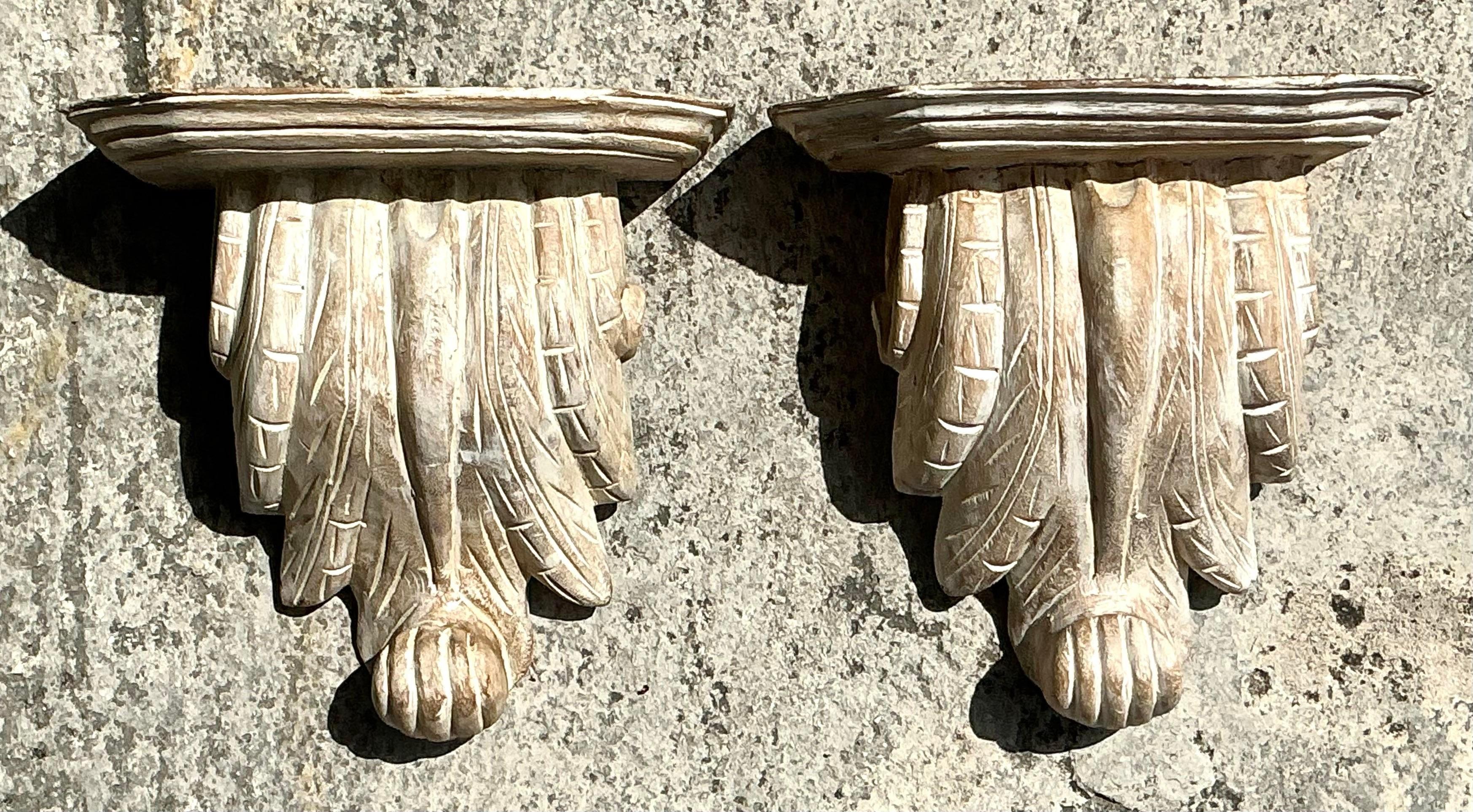 Rustic Vintage Boho Washed Wood Brackets - a Pair For Sale