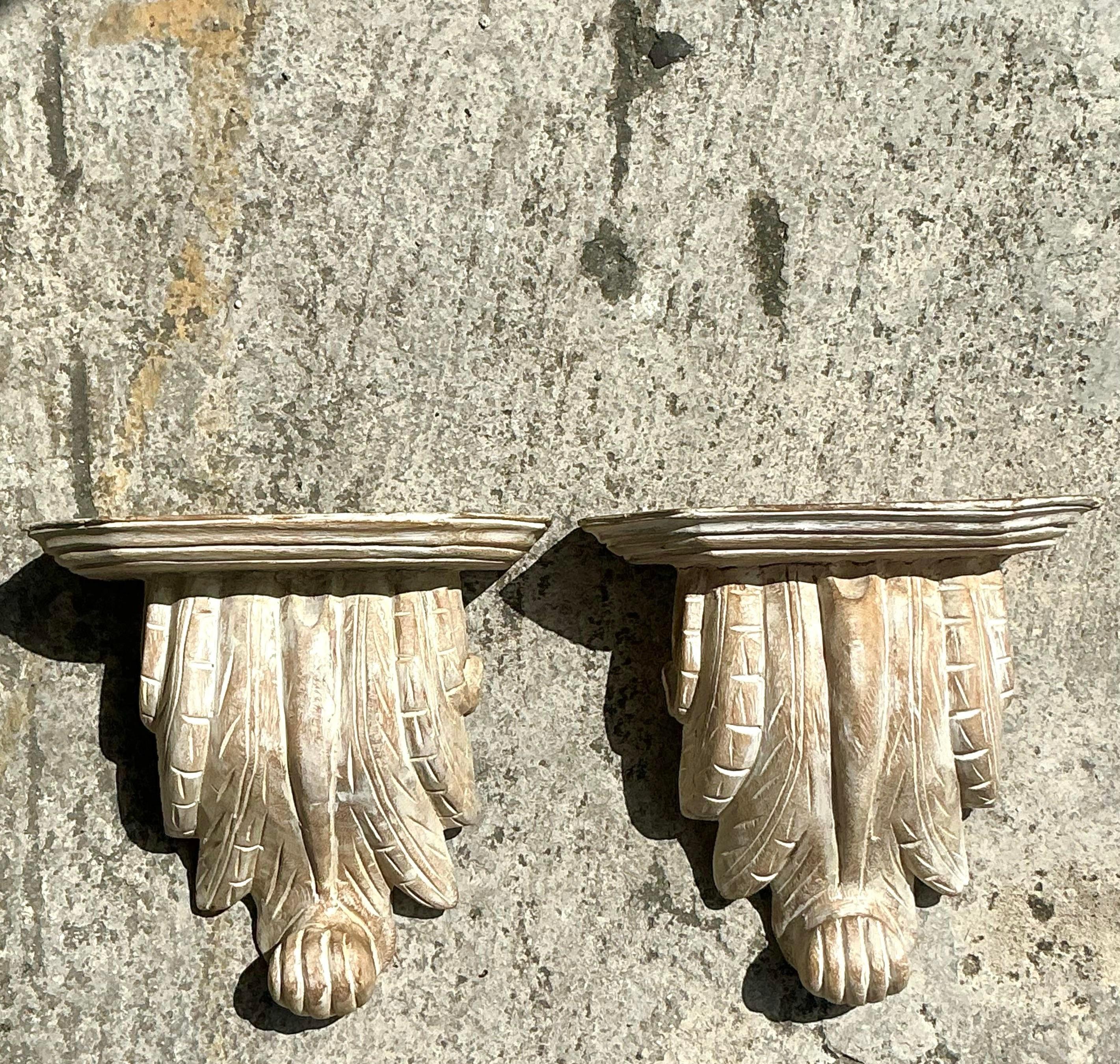 American Vintage Boho Washed Wood Brackets - a Pair For Sale