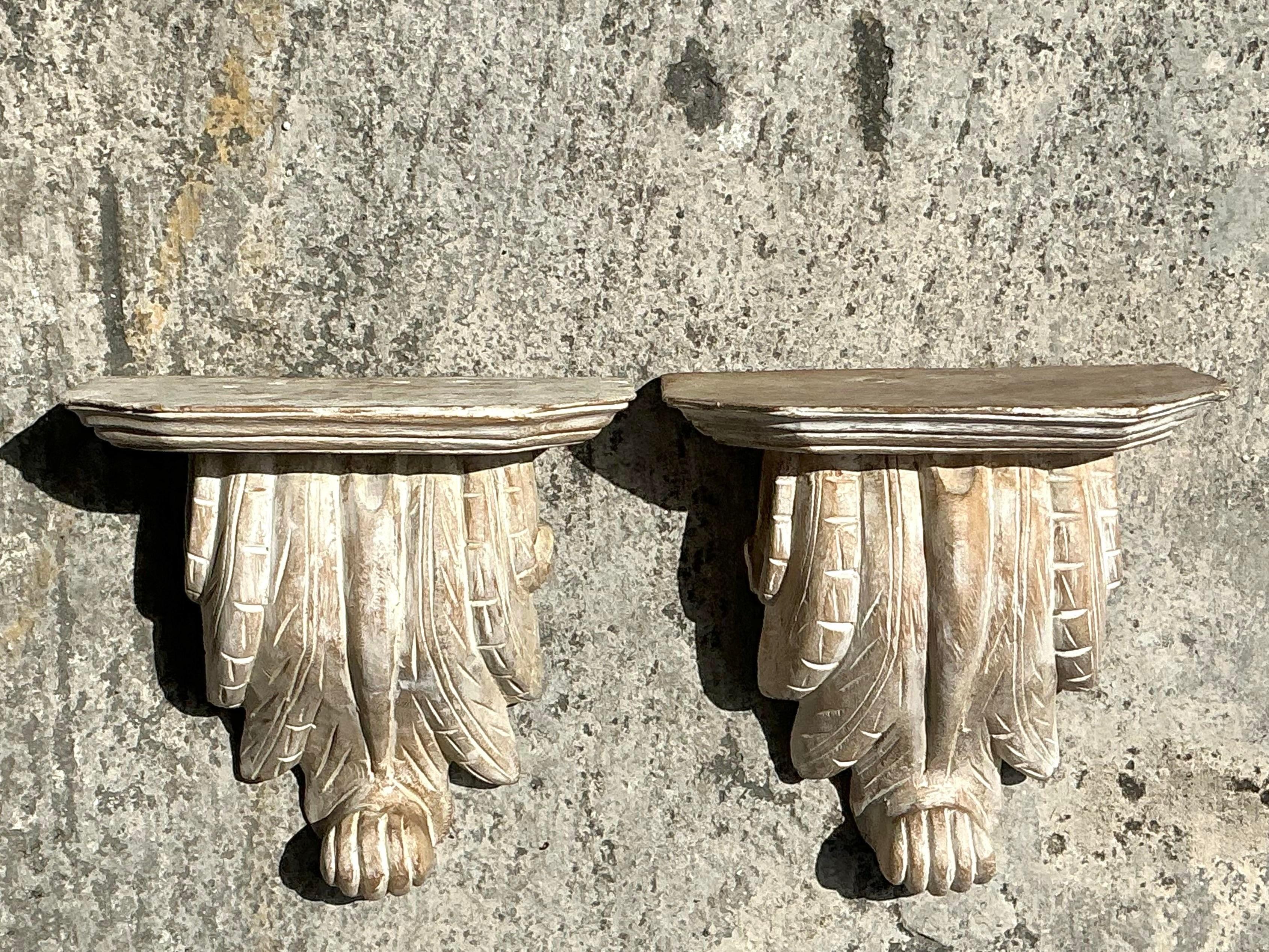 Vintage Boho Washed Wood Brackets - a Pair In Good Condition For Sale In West Palm Beach, FL