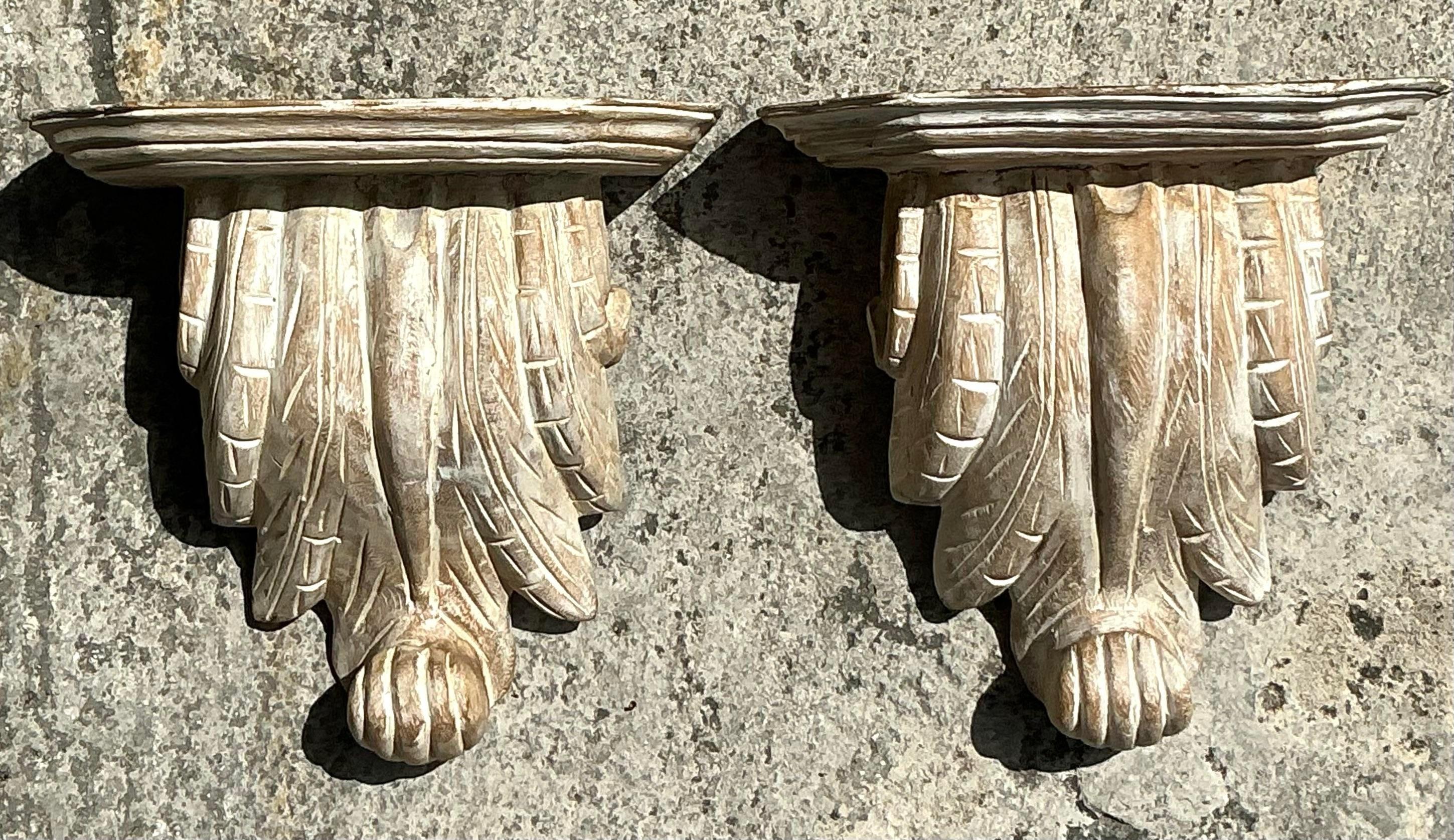 20th Century Vintage Boho Washed Wood Brackets - a Pair For Sale
