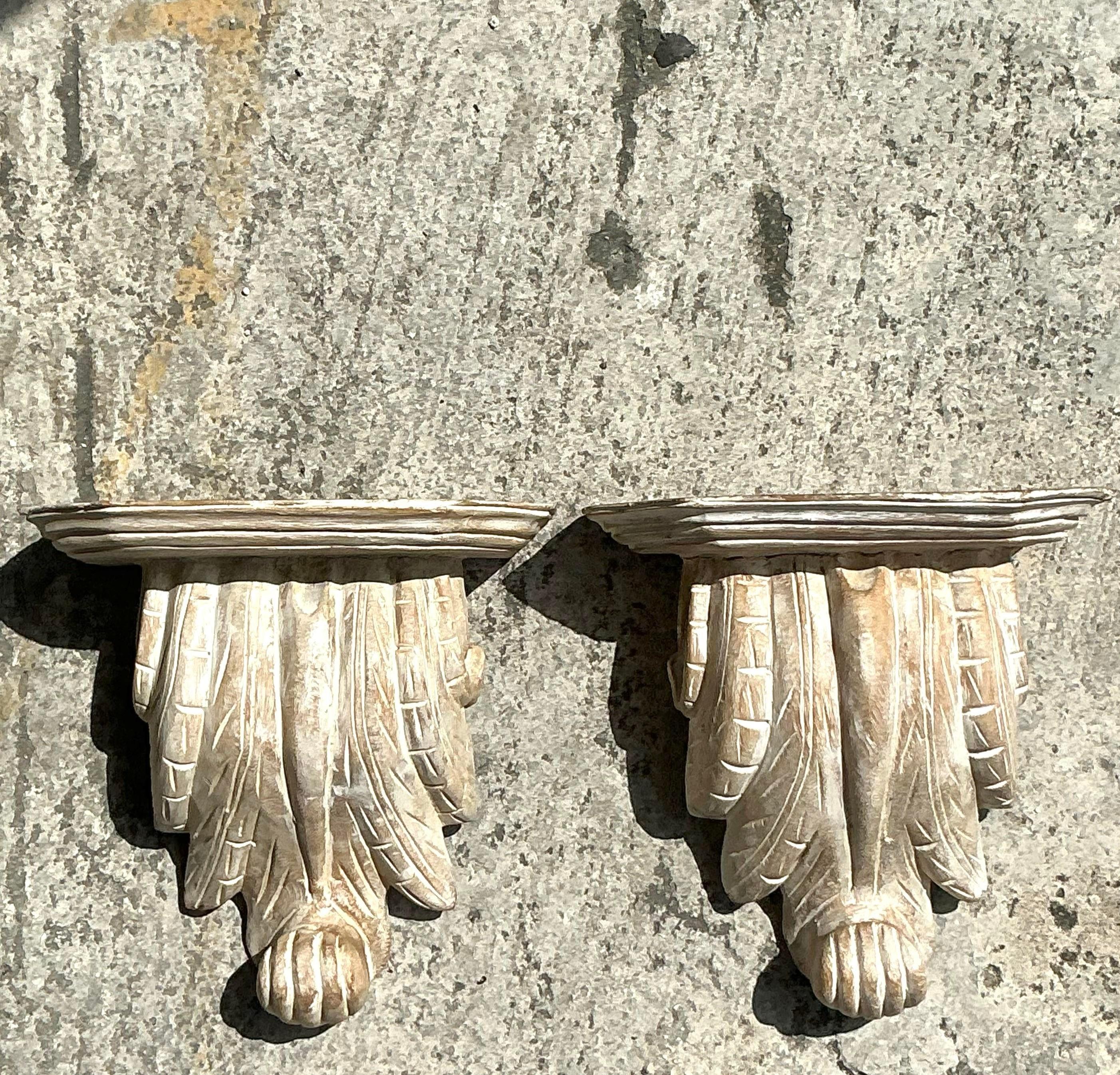 Vintage Boho Washed Wood Brackets - a Pair For Sale 1