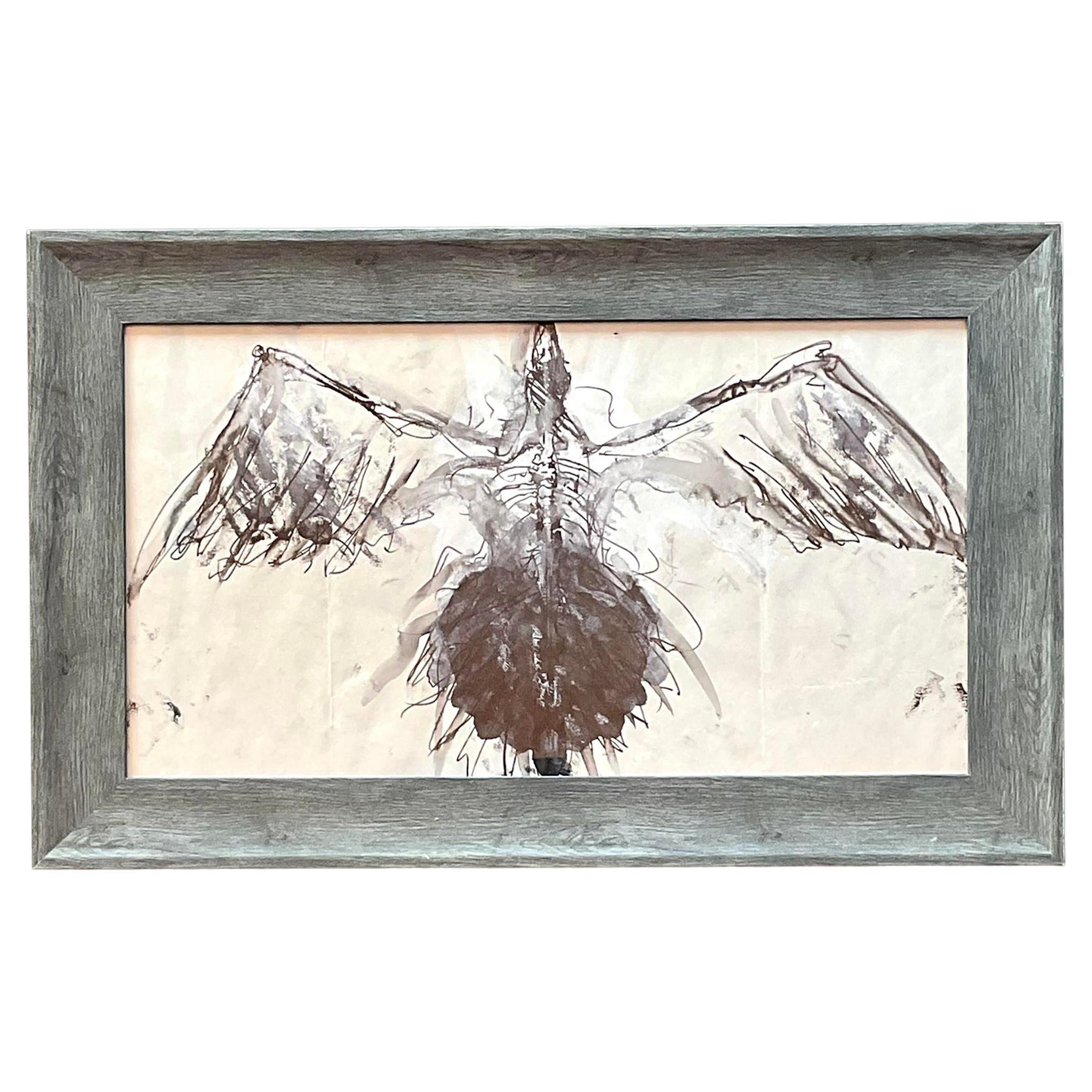 Vintage Boho Watercolor of Bird on Paper