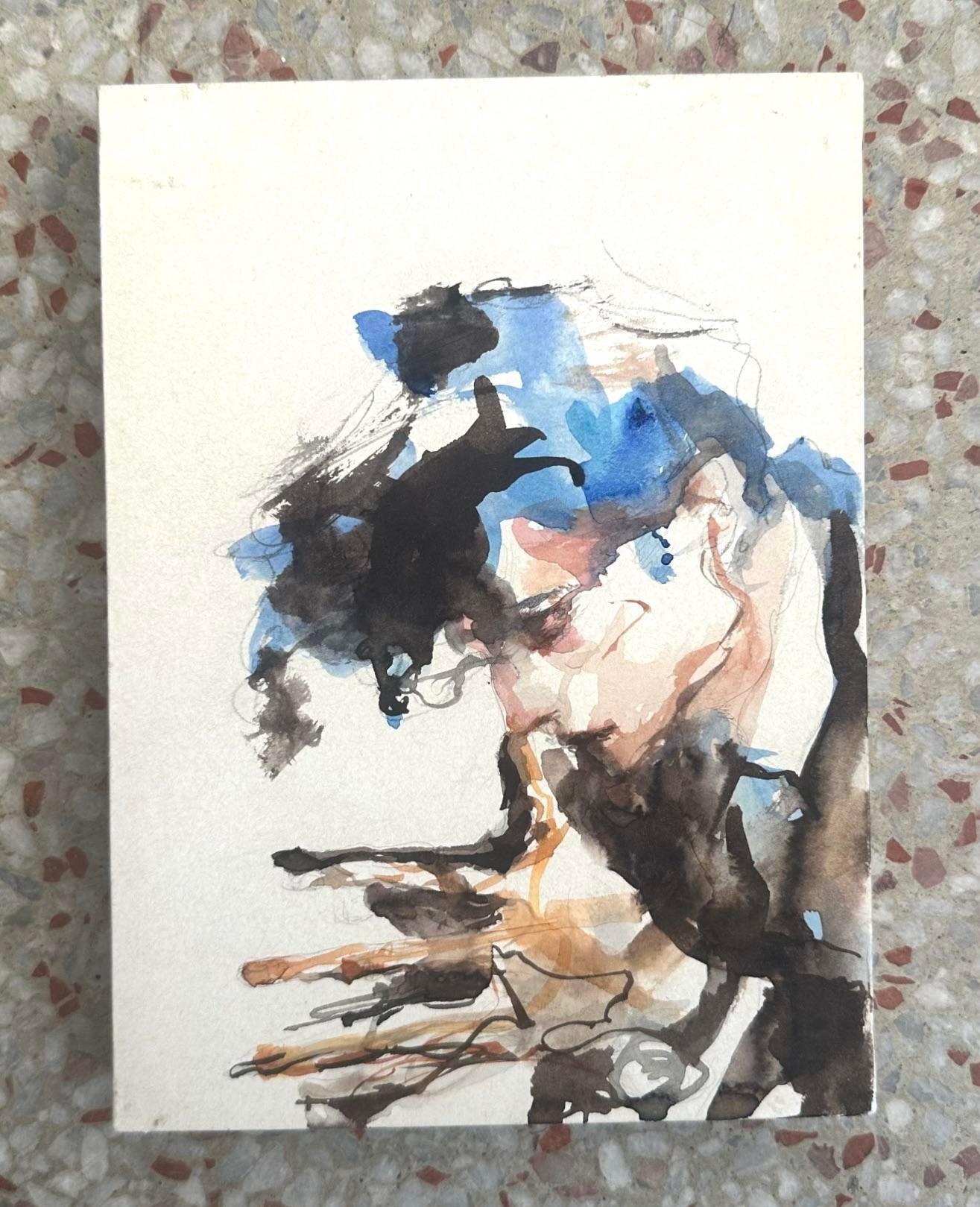 Dies ist ein wunderschönes, originales Boho-Aquarell-Kunstwerk in einem stabilen Rahmen. Die Arbeit zeigt abstrakte und figurative Elemente mit einer mehrfarbigen Palette, die weiche und kräftige Töne für eine dynamische visuelle Wirkung mischt.