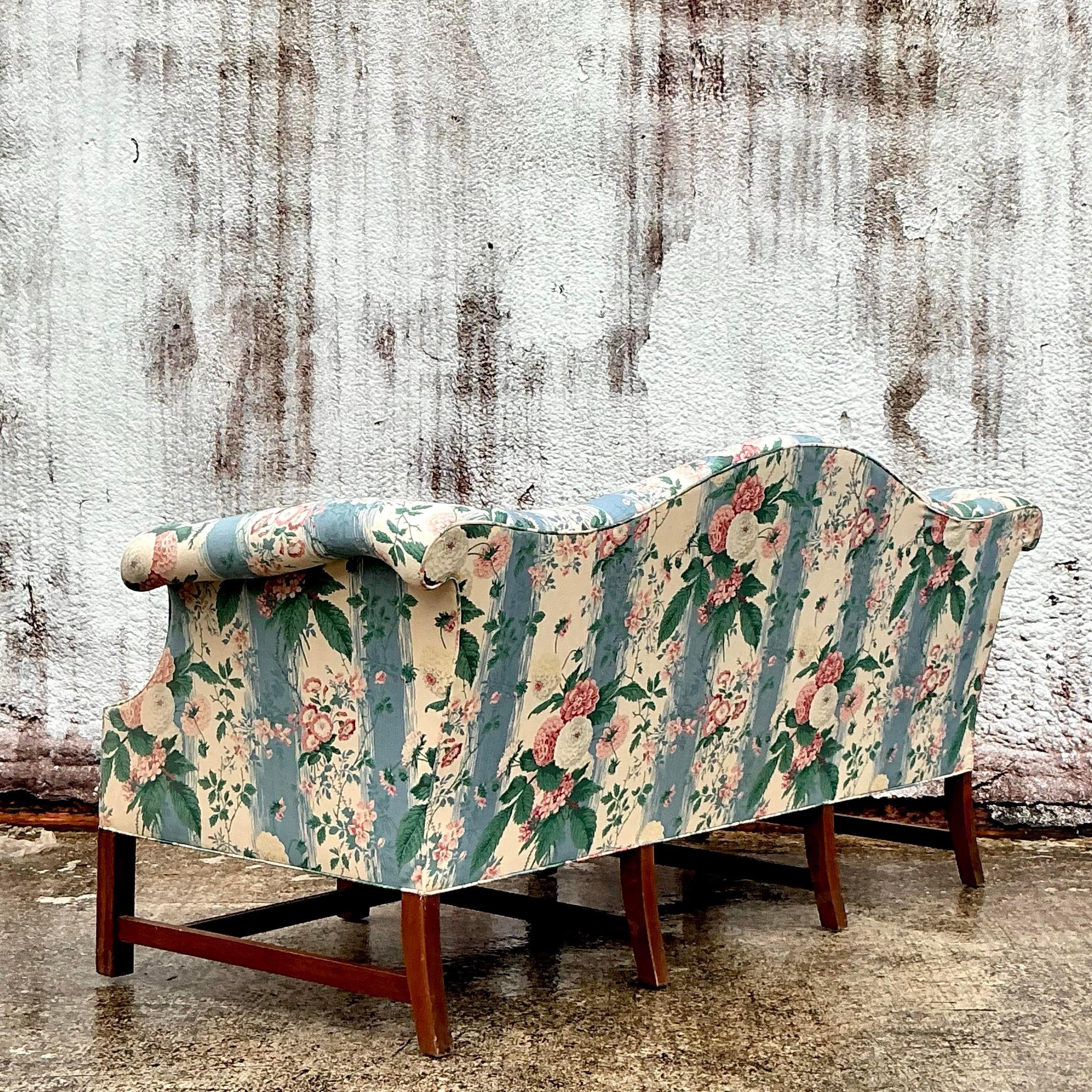 Regency Vintage Boho Waxed Chintz Camelback Sofa For Sale
