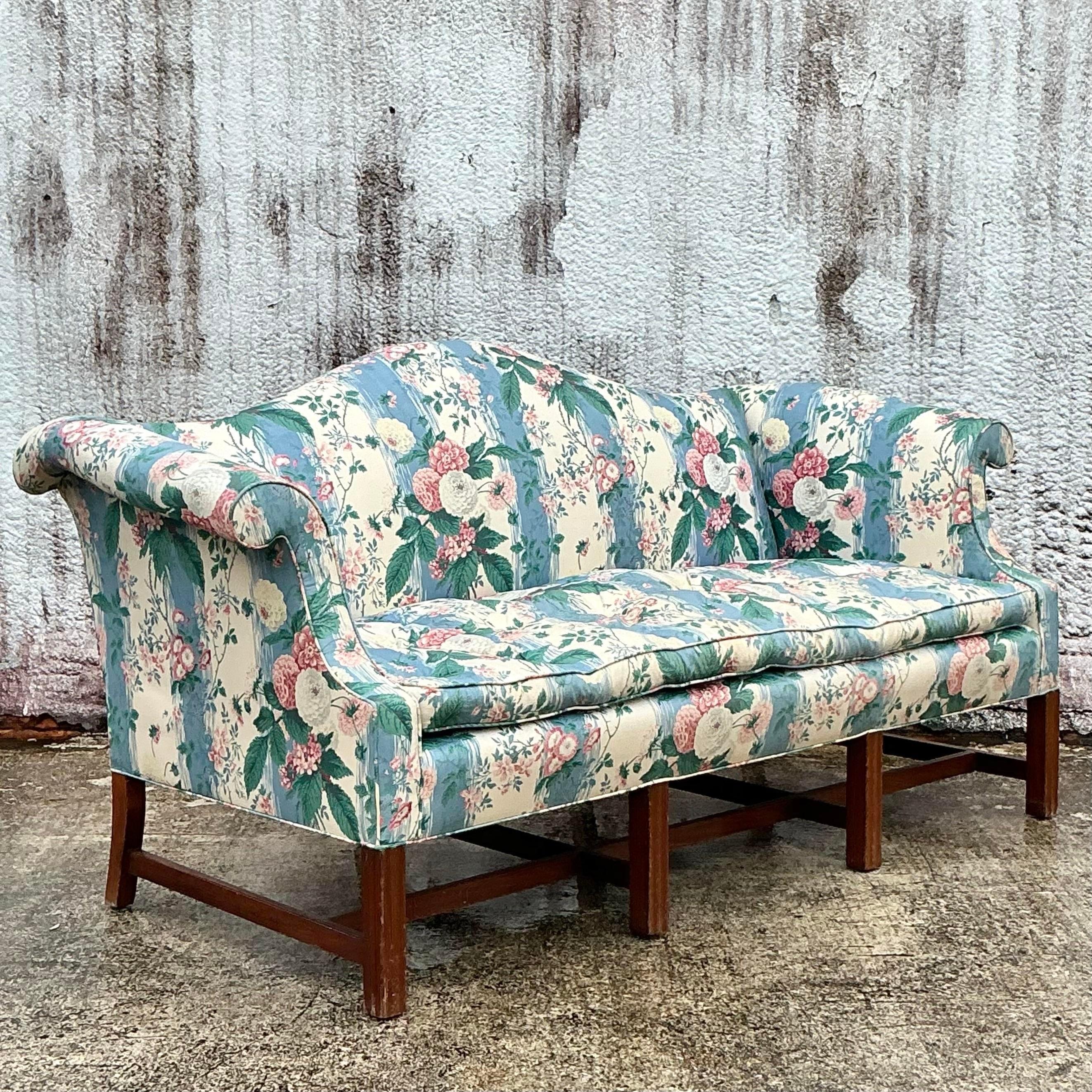 American Vintage Boho Waxed Chintz Camelback Sofa For Sale