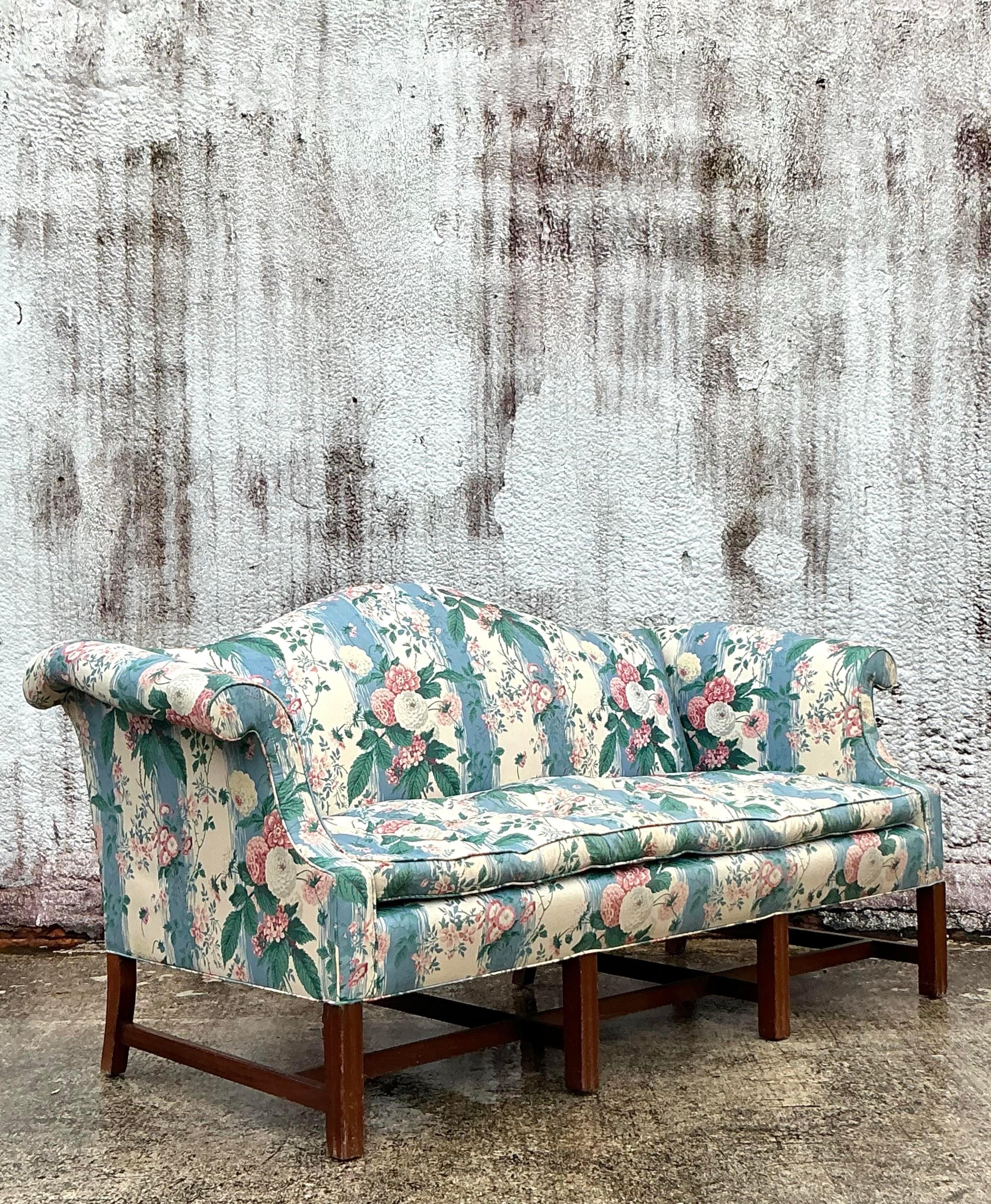 Vintage Boho Waxed Chintz Camelback Sofa In Good Condition For Sale In west palm beach, FL