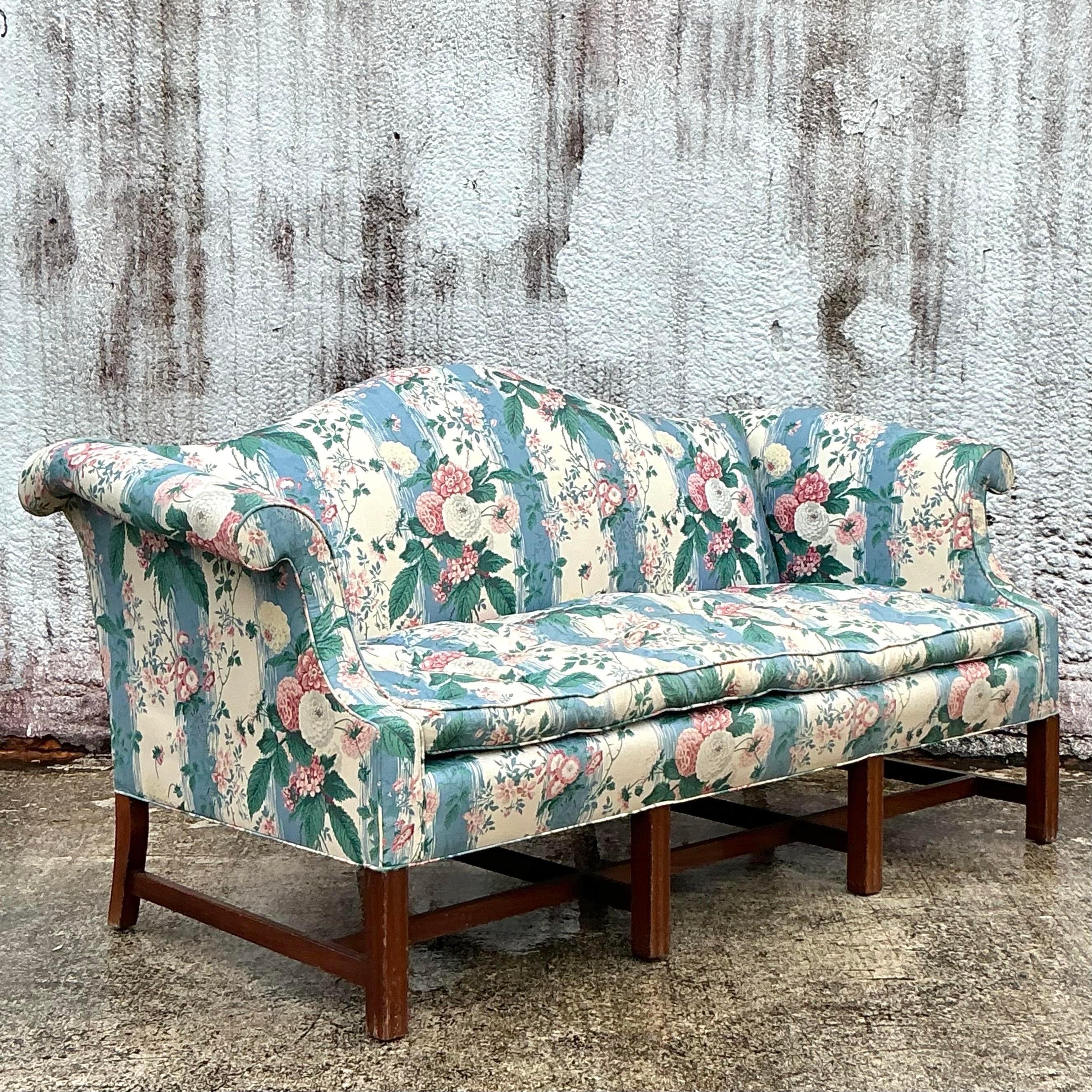 20th Century Vintage Boho Waxed Chintz Camelback Sofa For Sale