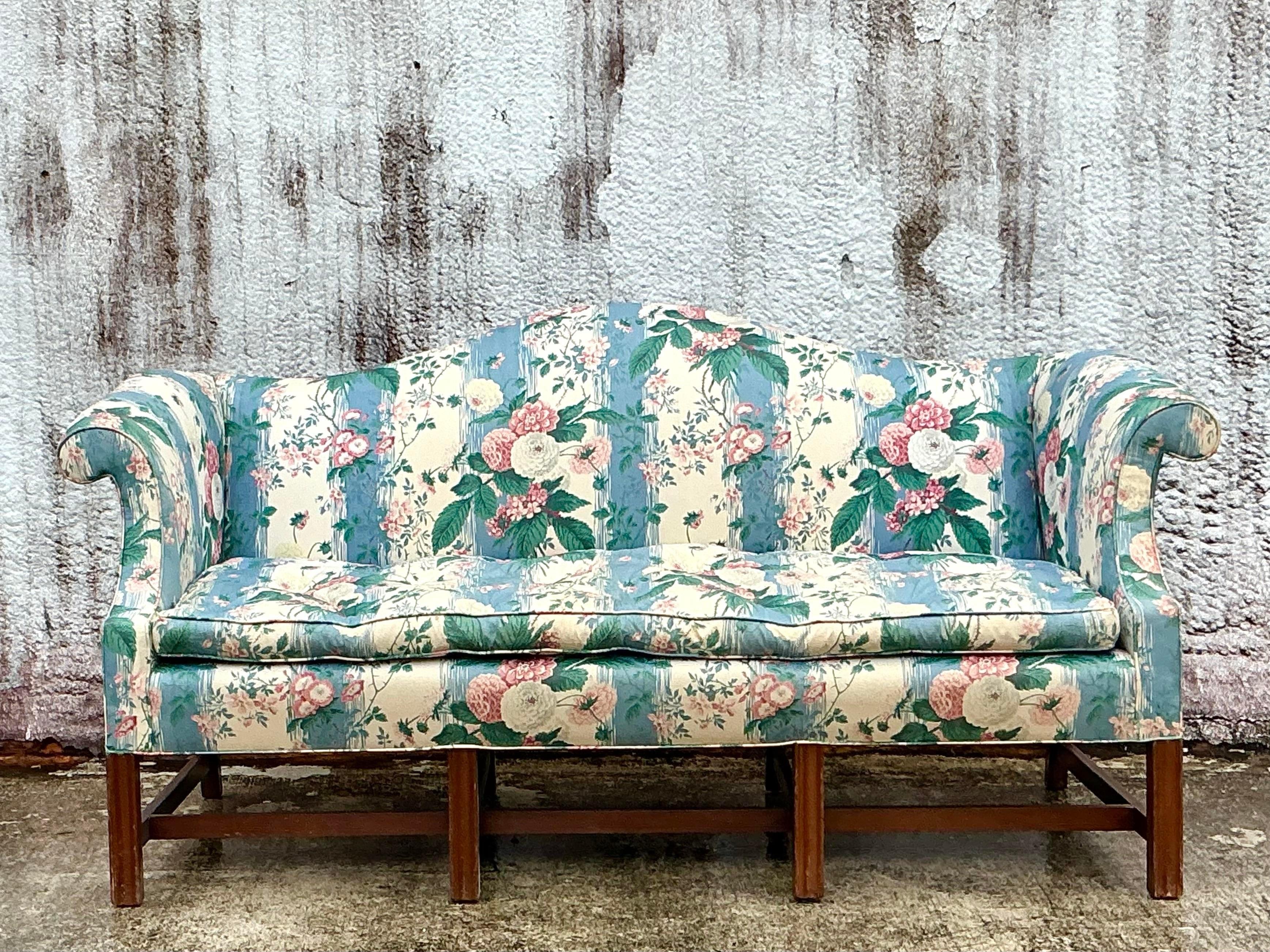Fabric Vintage Boho Waxed Chintz Camelback Sofa For Sale