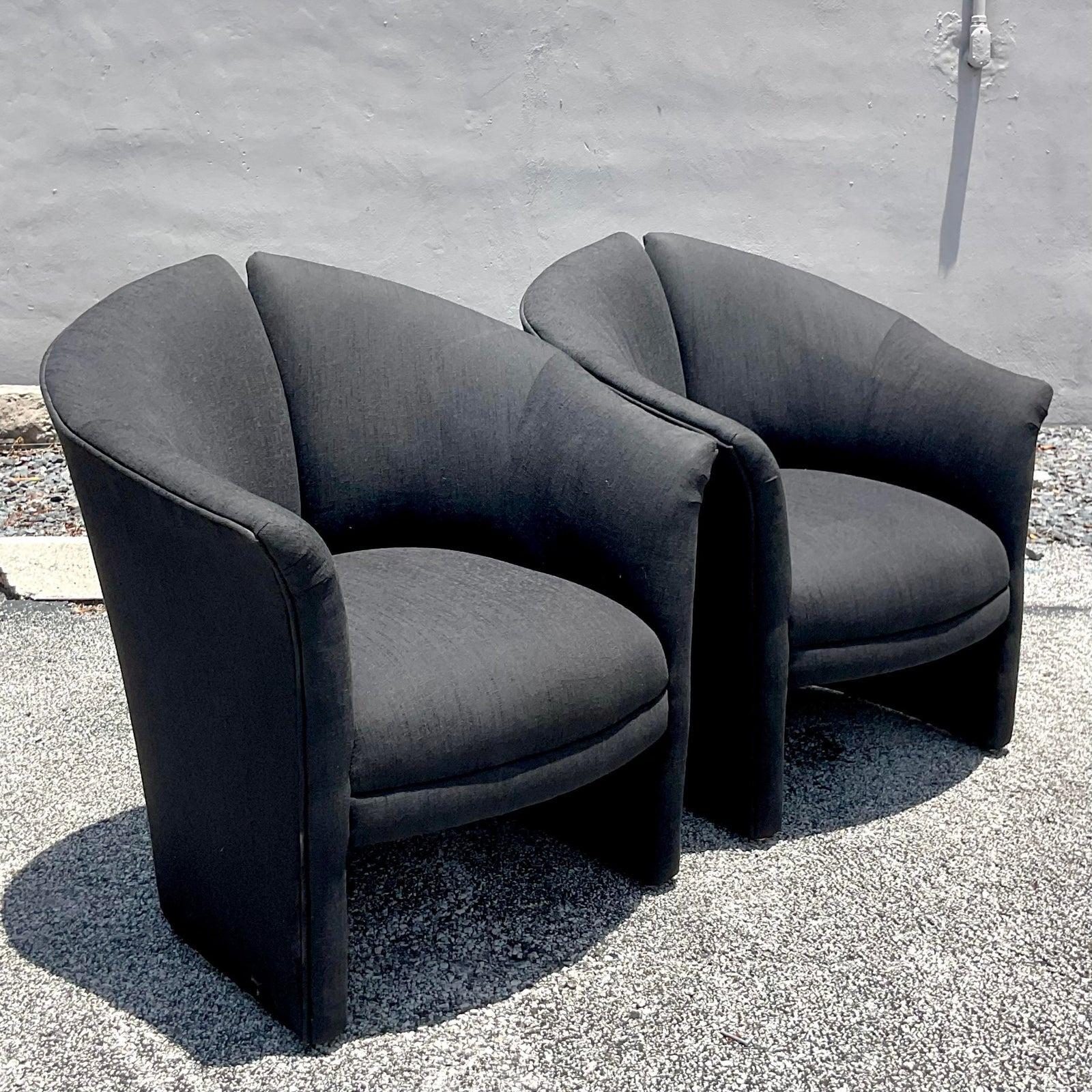 A fabulous pair of vintage Boho lounge chairs. Made by the iconic Weiman group with a tag on the bottom. Beautiful split back design with a high roll profile. Acquired from a Palm Beach estate