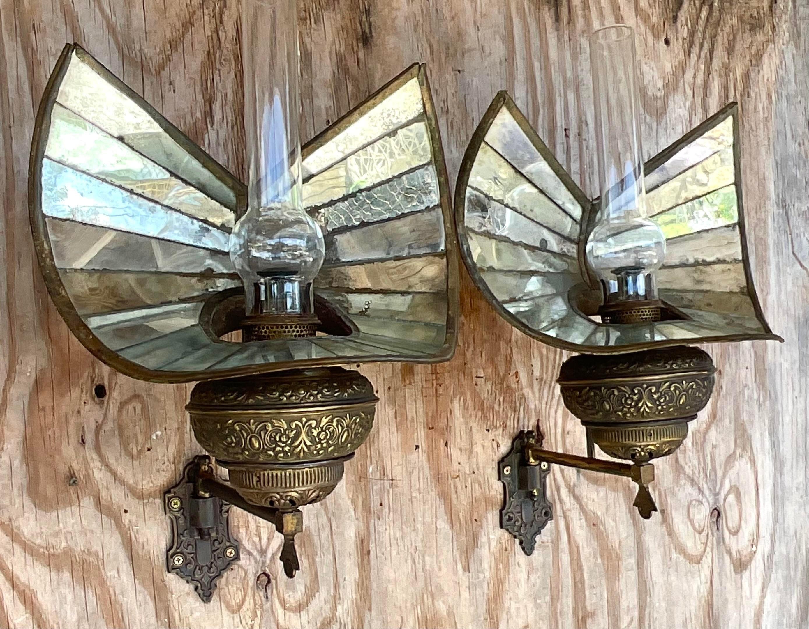 American Vintage Boho Wheeler Reflector Co Mirrored Wall Gas Sconce - a Pair For Sale