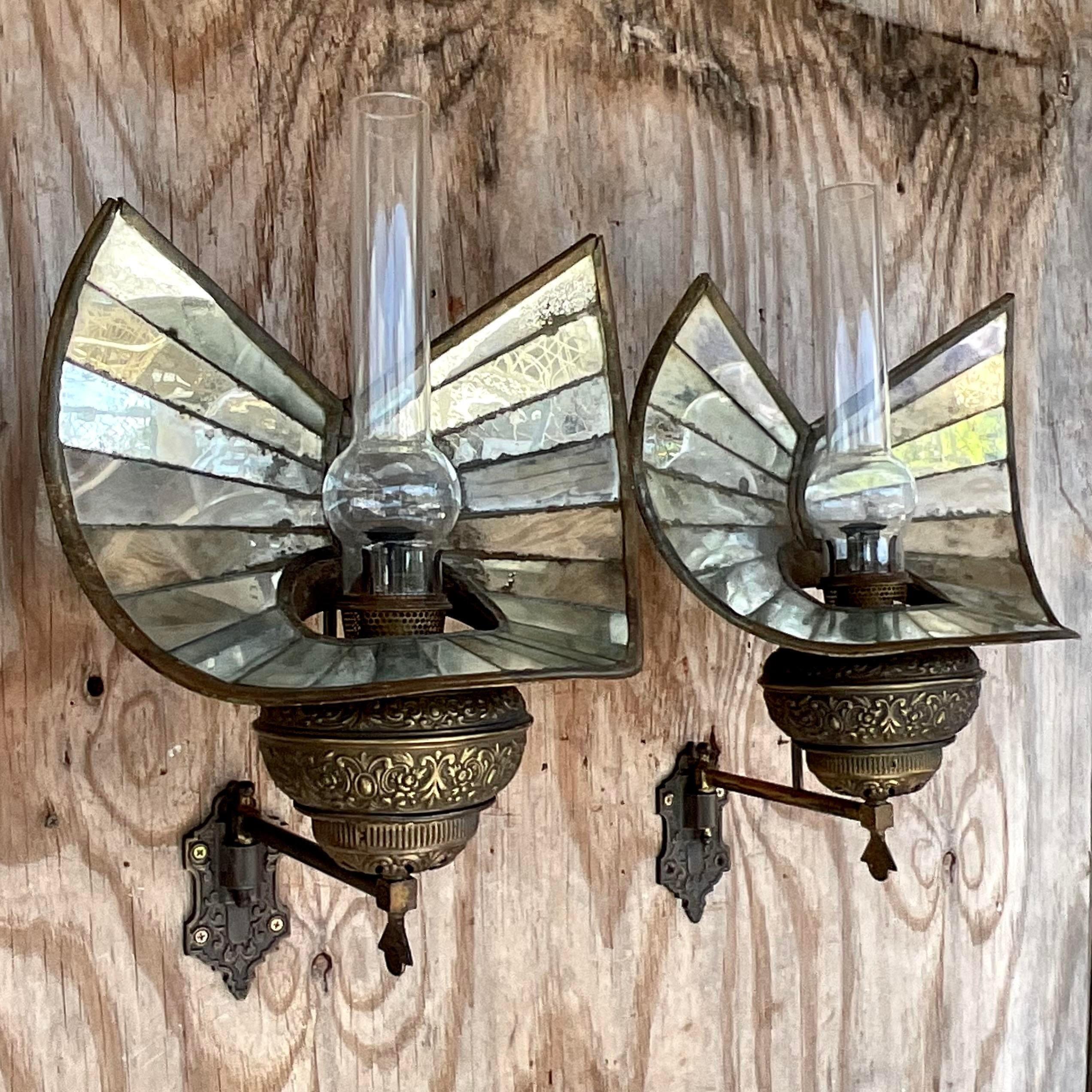 19th Century Vintage Boho Wheeler Reflector Co Mirrored Wall Gas Sconce - a Pair For Sale