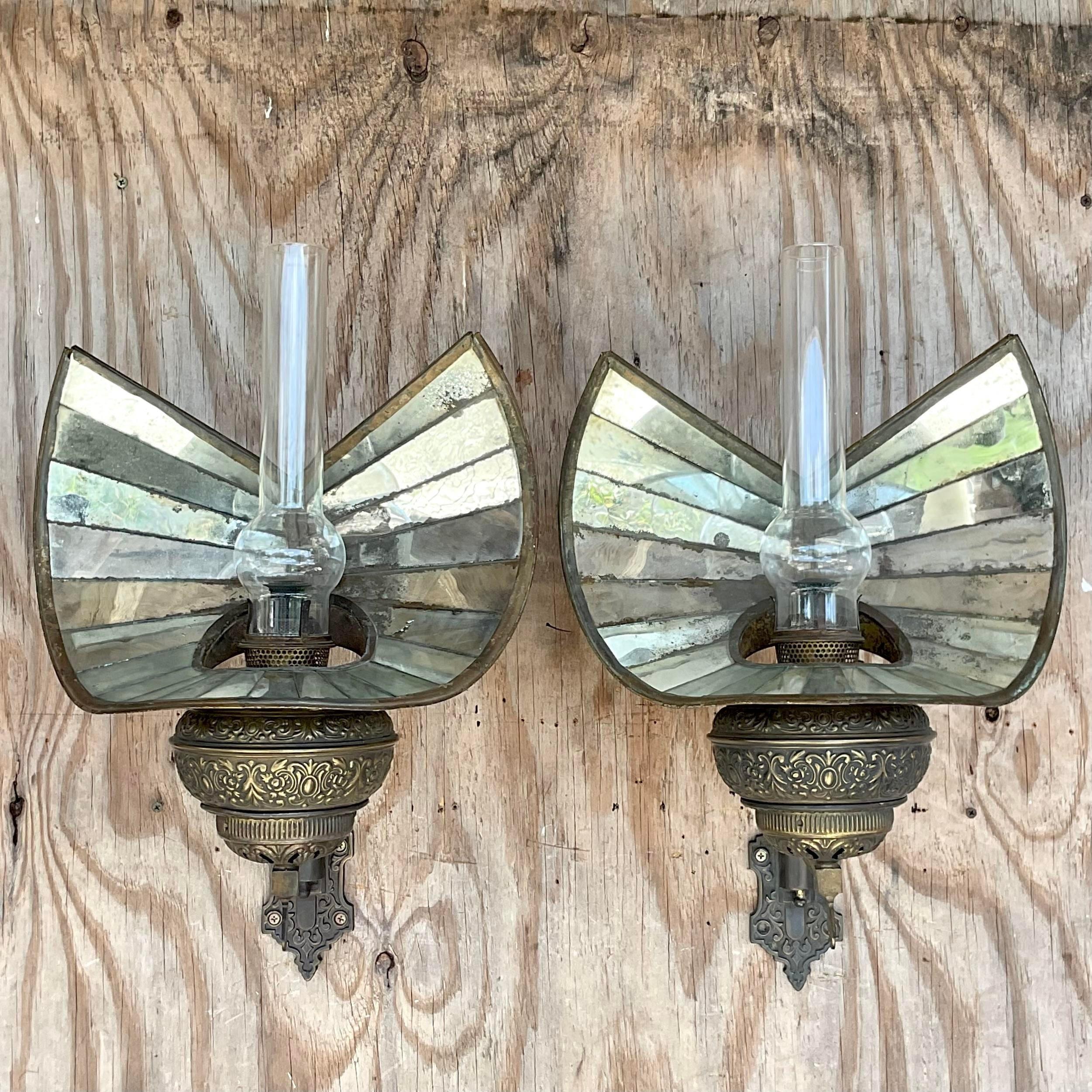 Brass Vintage Boho Wheeler Reflector Co Mirrored Wall Gas Sconce - a Pair For Sale