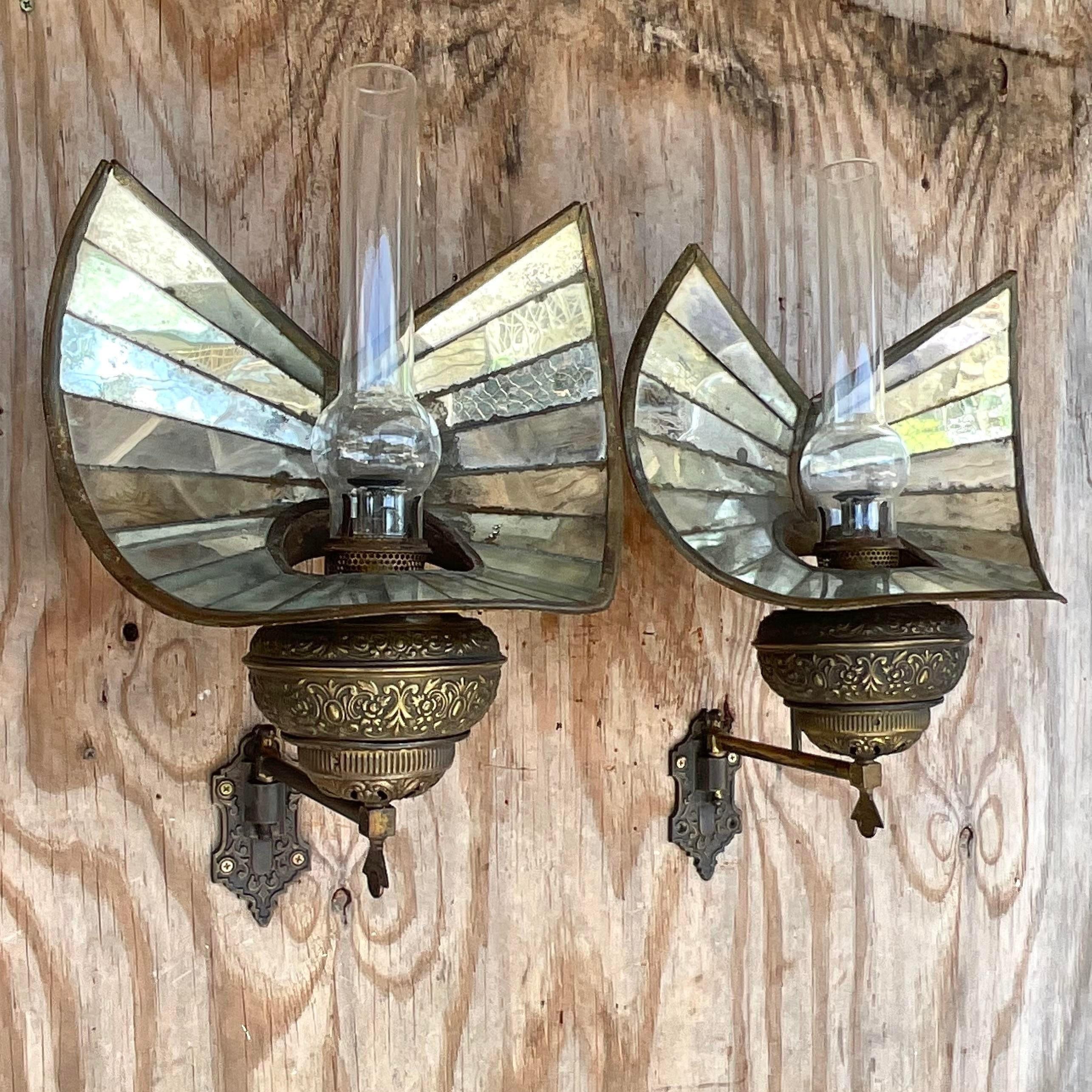 Vintage Boho Wheeler Reflector Co Mirrored Wall Gas Sconce - a Pair For Sale 1