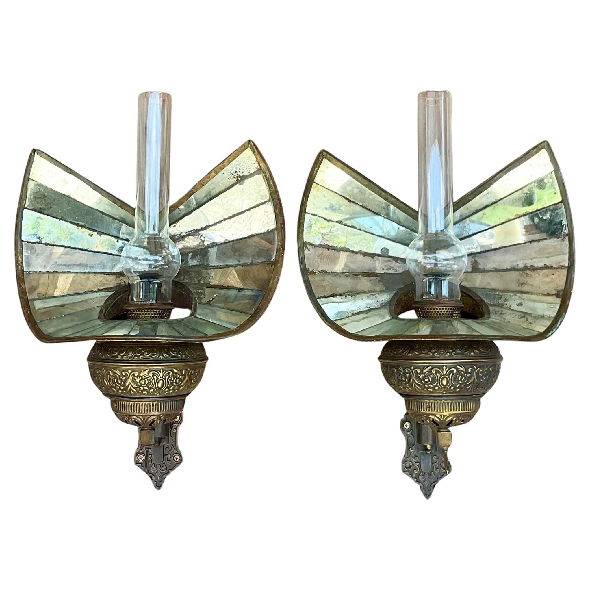 Vintage Boho Wheeler Reflector Co Mirrored Wall Gas Sconce - a Pair For Sale
