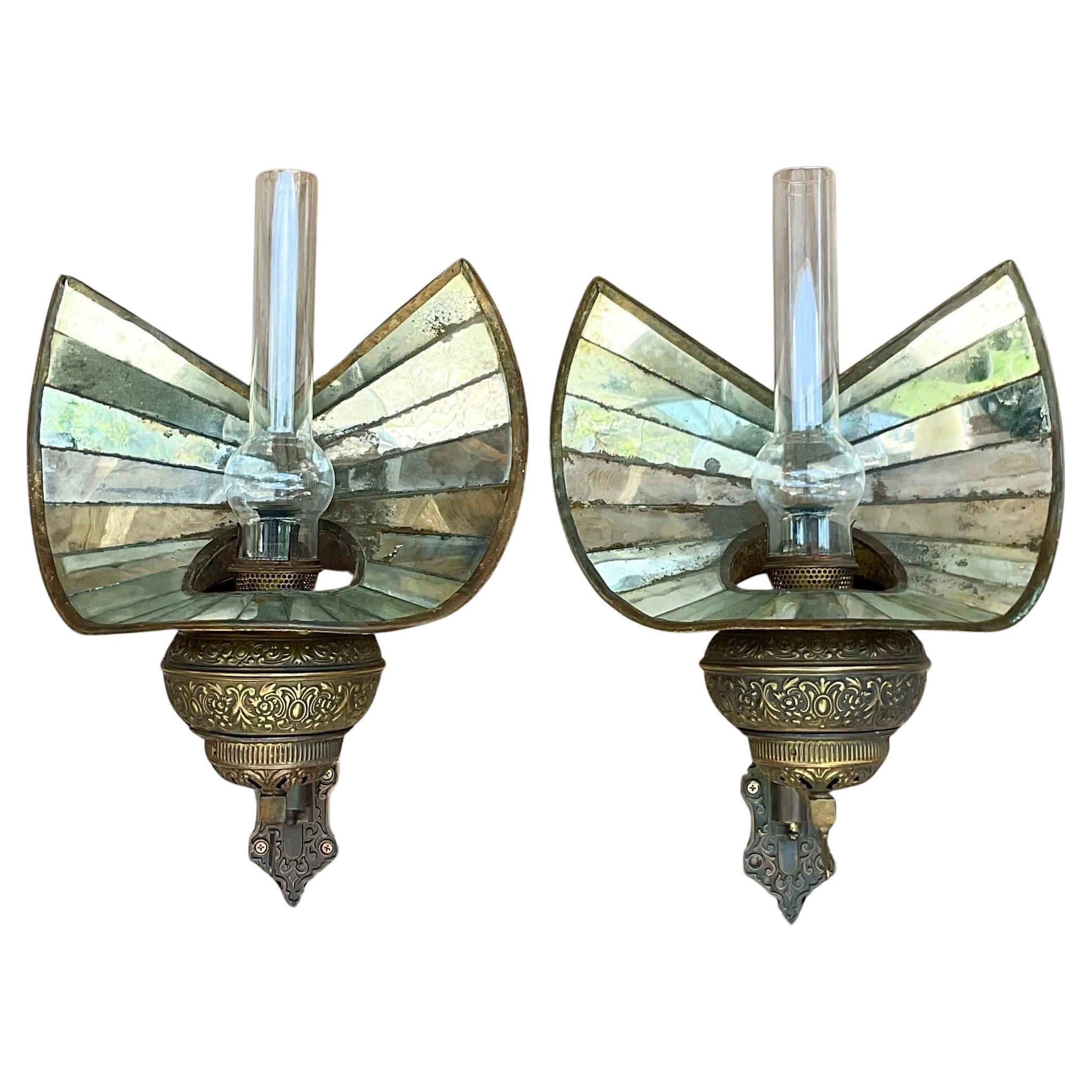 Vintage Boho Wheeler Reflector Co Mirrored Wall Gas Sconce - a Pair