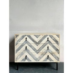 Vintage Boho Whitewash Chevron Chest of Drawers