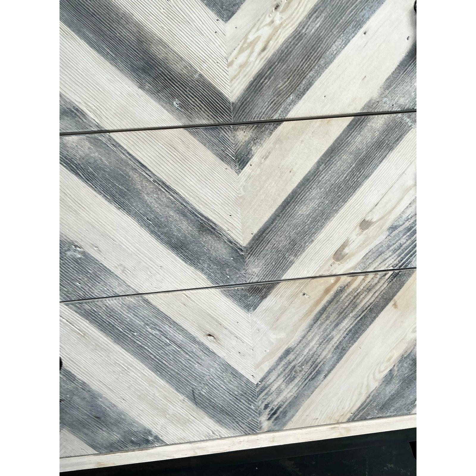Minimalist Vintage Boho Whitewash Chevron Chest of Drawers For Sale