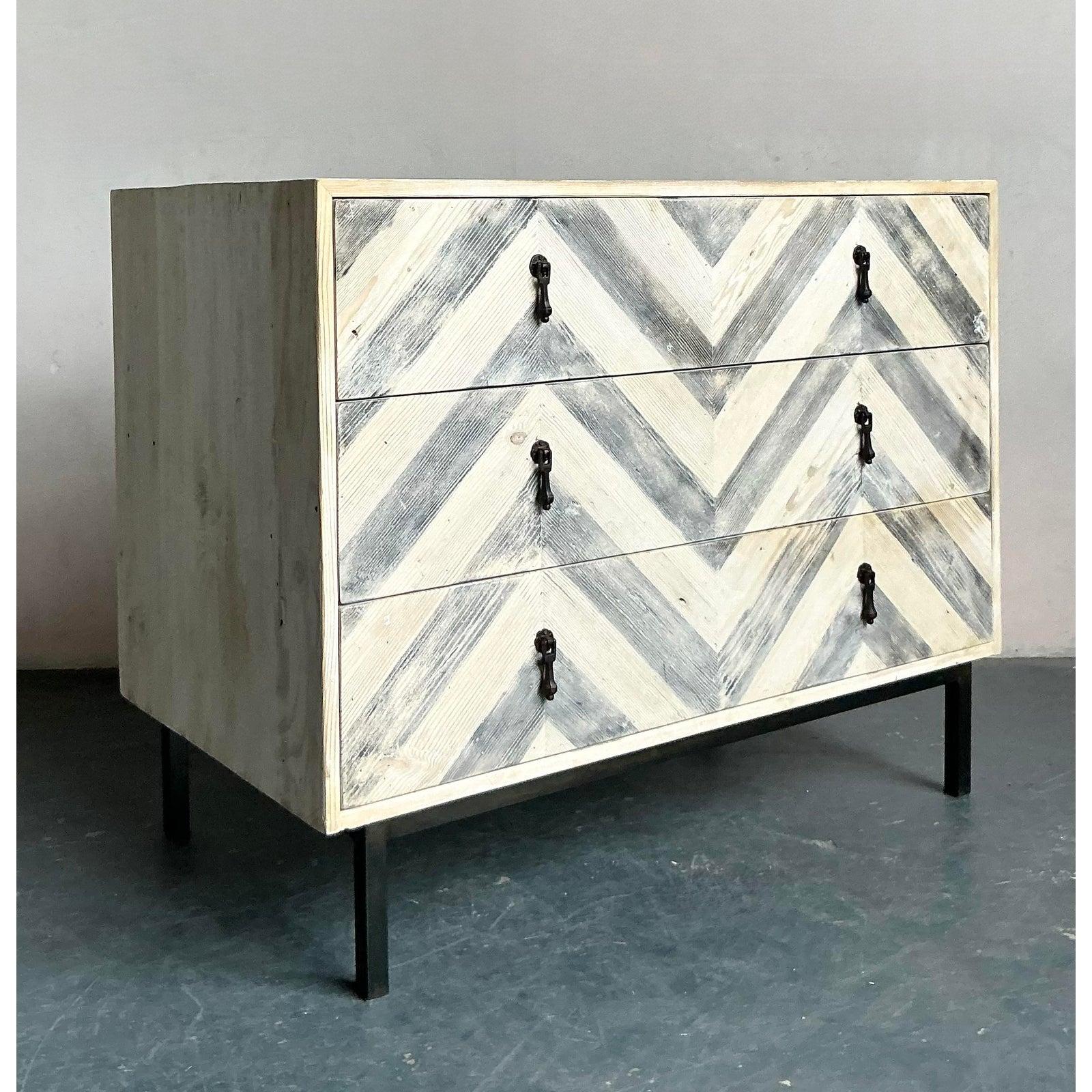 American Vintage Boho Whitewash Chevron Chest of Drawers For Sale