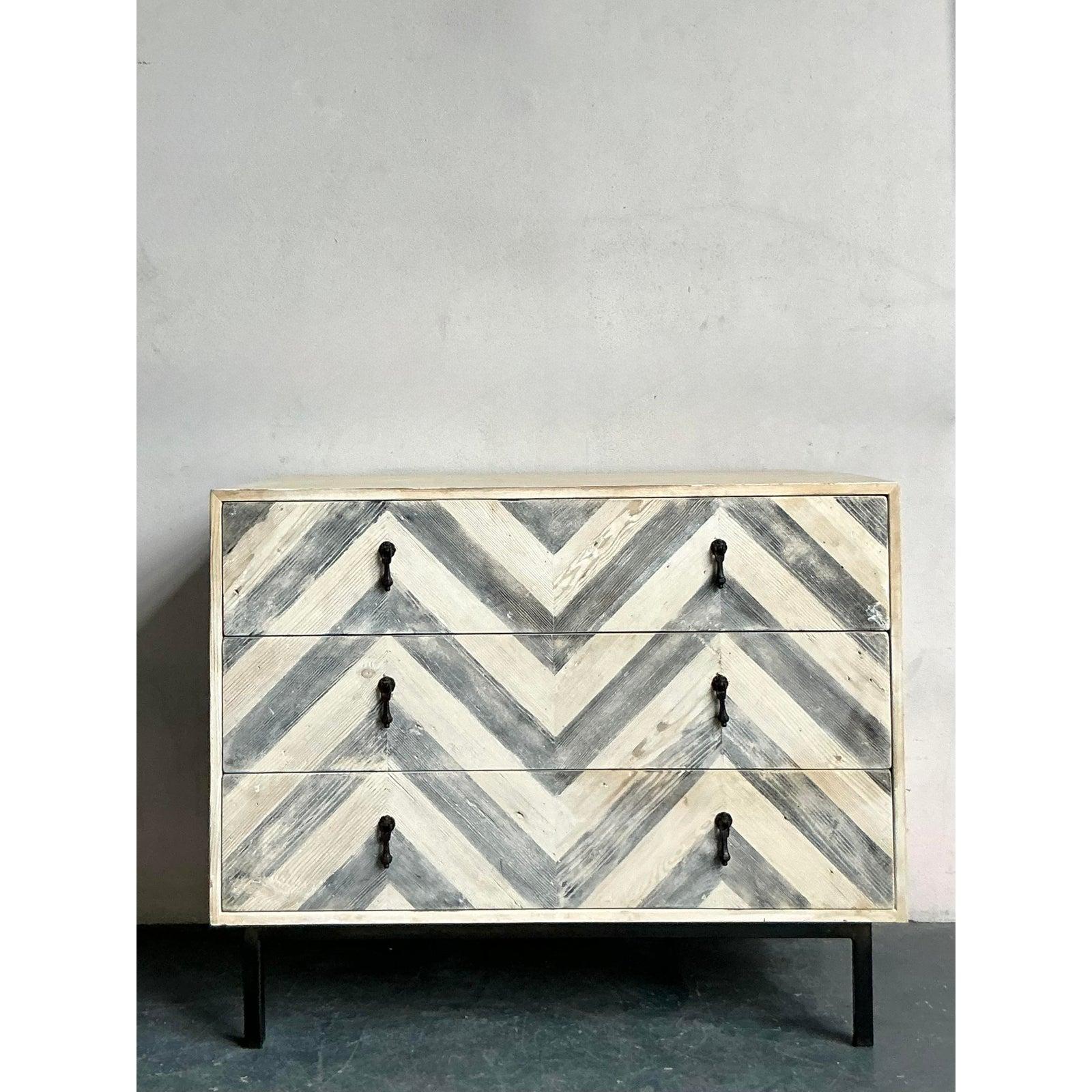 20th Century Vintage Boho Whitewash Chevron Chest of Drawers For Sale