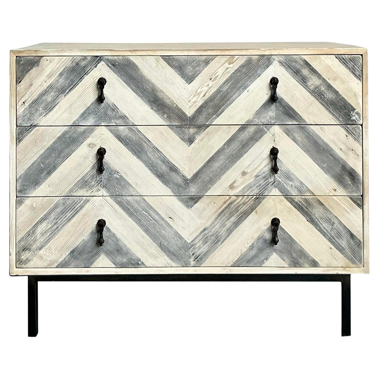 Vintage Boho Whitewash Chevron Chest of Drawers For Sale