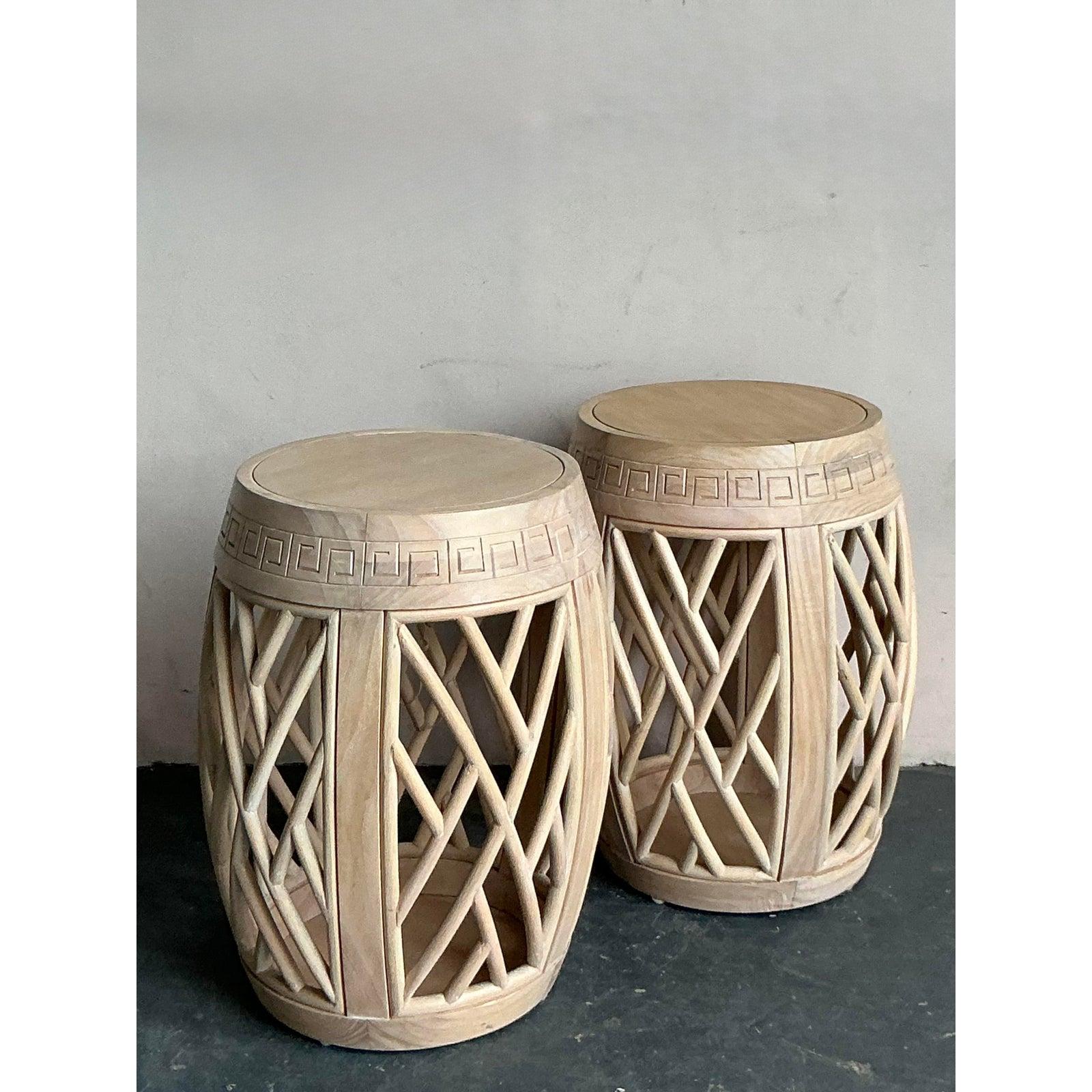 Infuse your home with a touch of global-inspired charm with this delightful vintage Boho whitewashed low stool, perfect for adding texture and character to any space. Crafted from wood with a light, inviting whitewashed finish, this piece features