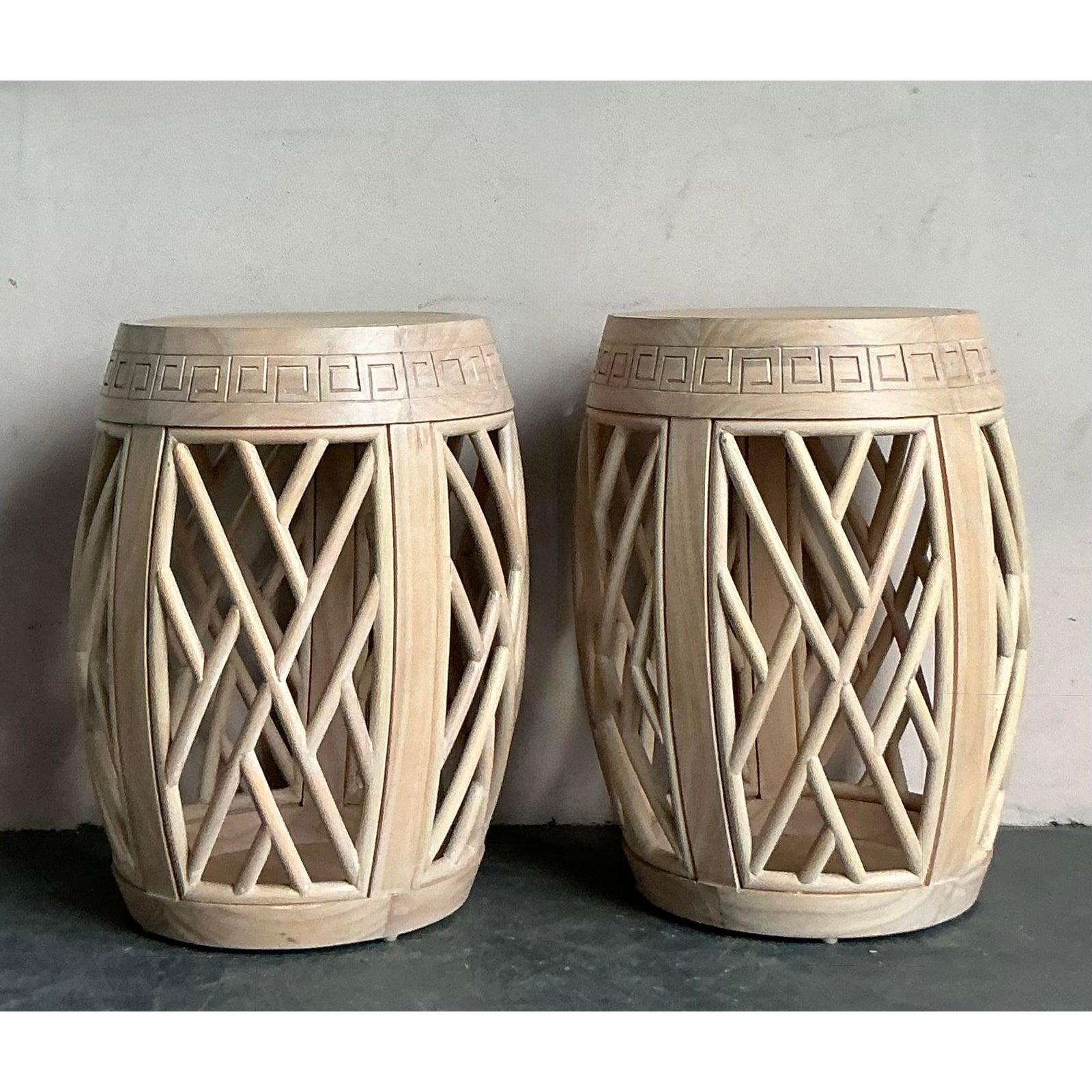 Philippine Vintage Boho Whitewashed Greek Key Low Stools - A Pair For Sale