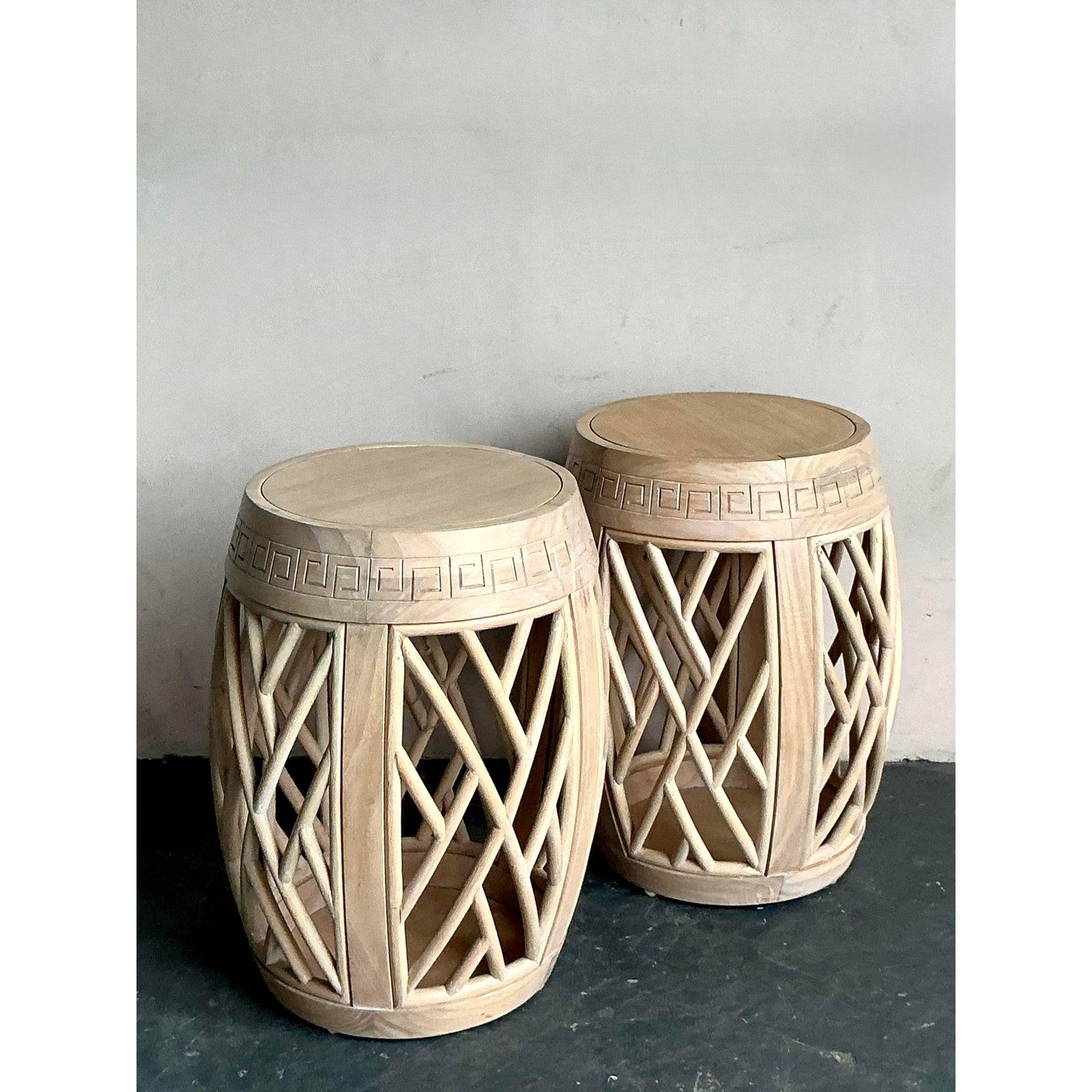 20th Century Vintage Boho Whitewashed Greek Key Low Stools - A Pair For Sale