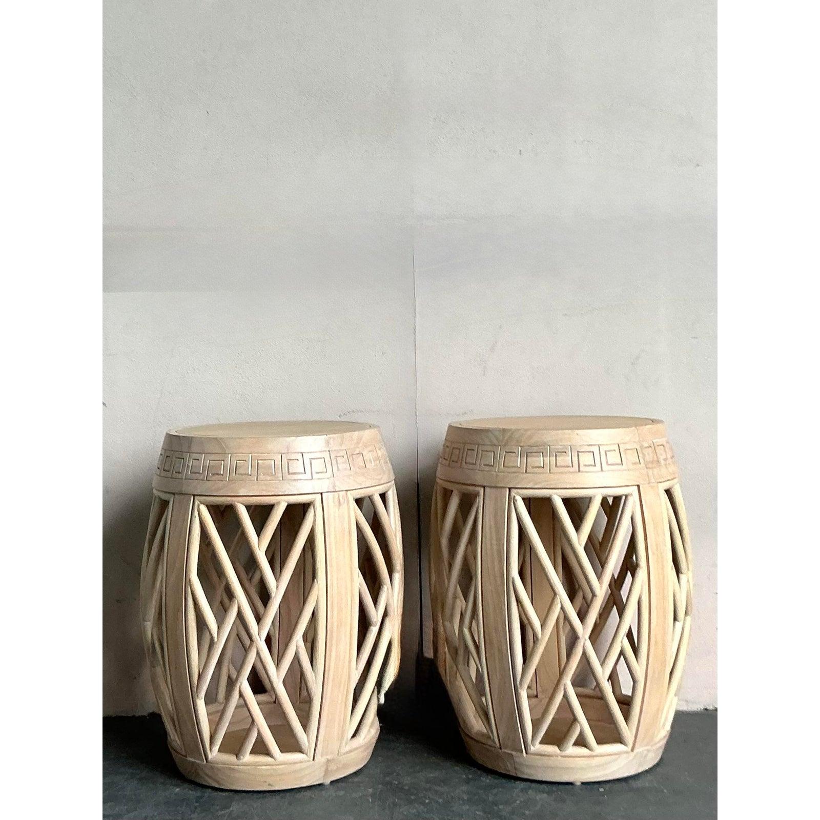 Wood Vintage Boho Whitewashed Greek Key Low Stools - A Pair For Sale