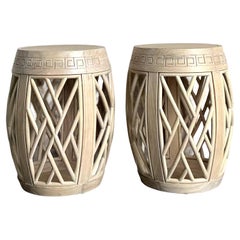 Vintage Boho Whitewashed Greek Key Low Stools - A Pair