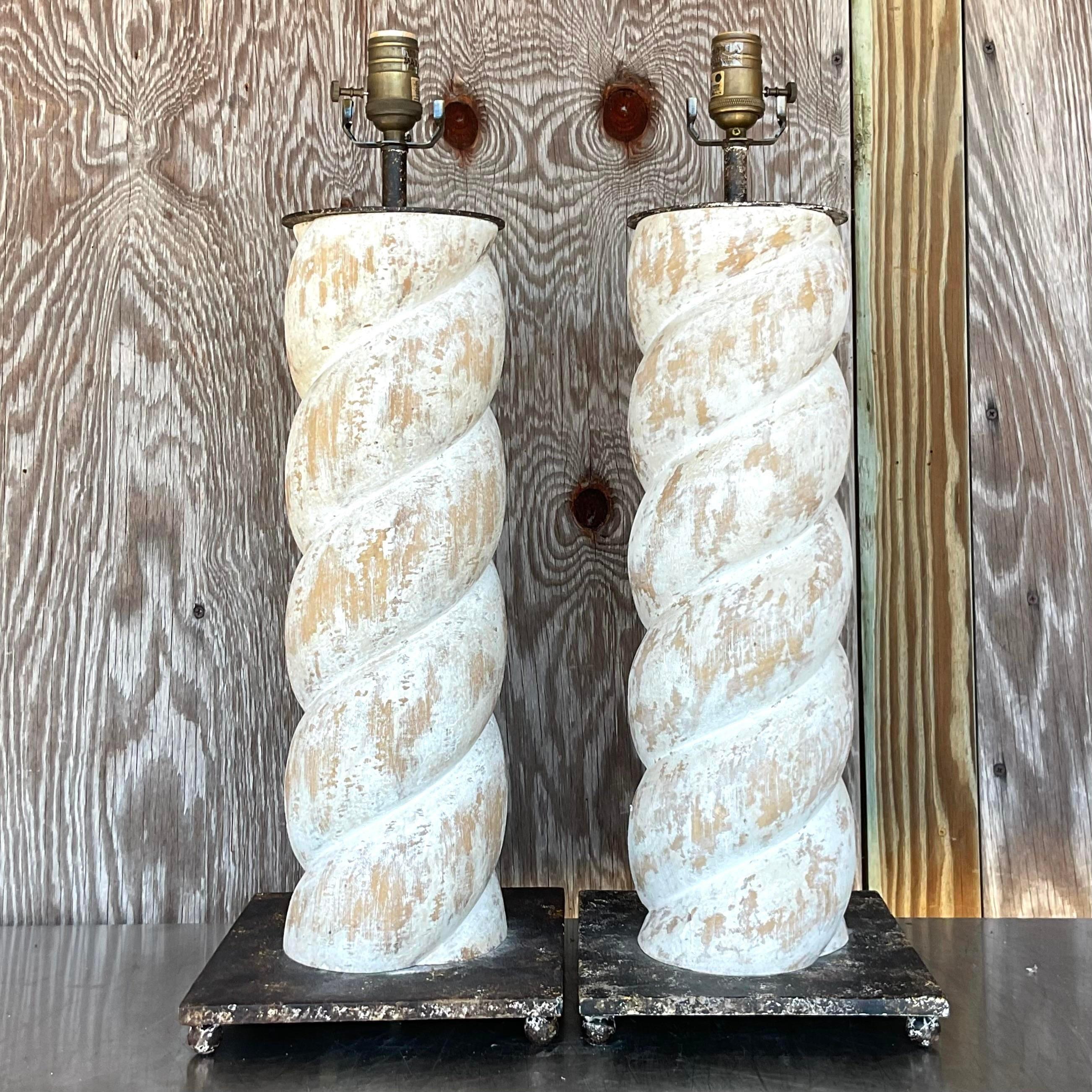 Vintage Boho Whitewashed Twist Column Lamps - a Pair In Good Condition For Sale In west palm beach, FL